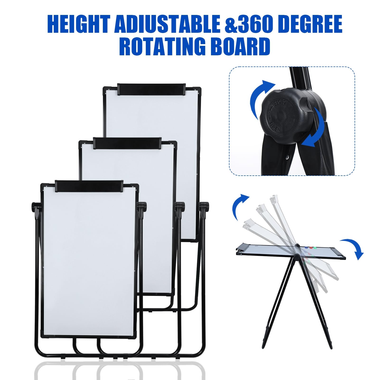 Doppelseitiges Whiteboard, Magnetisches Whiteboard mit Ständer, Höhenverstellbar & 360 Grad drehbarer Ständer, Flipchart mit Löschen, Marker für Zuhause, Büro, Schule XL