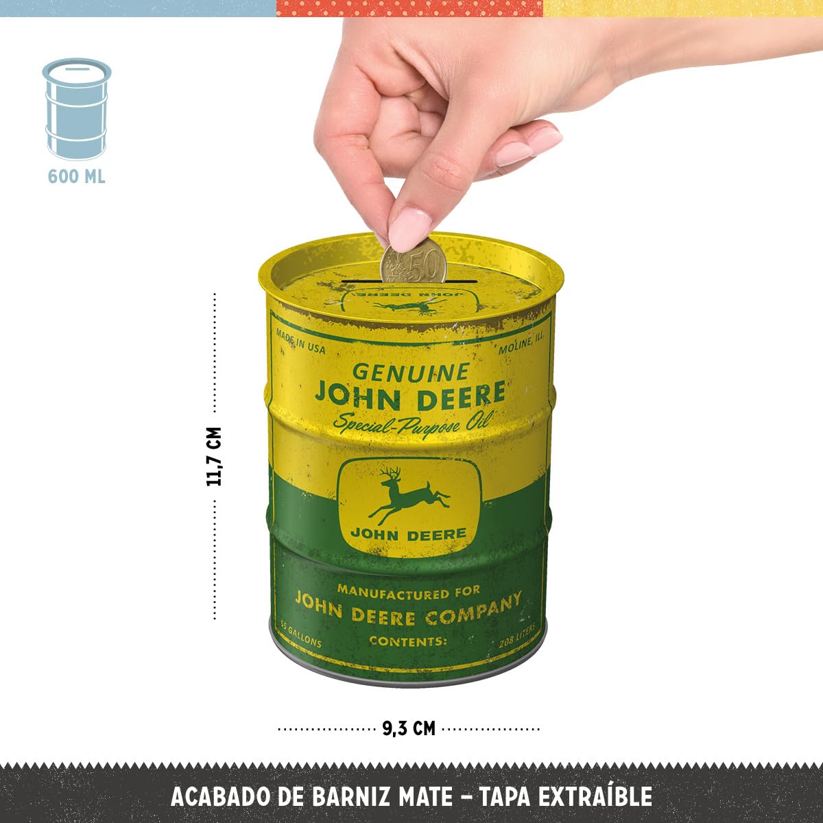 Nostalgic-Art Hucha Retro, 600 ml, John Deere – Special Purpose Oil – Idea de Regalo para Amantes de los Tractores, Official License Product (OLP), para Billetes y Monedas, diseño Vintage