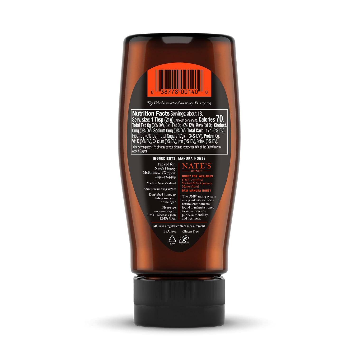 Nate's Raw Manuka Honey New Zealand MGO 512+ | UMF Certified 15+ | 13.2 oz Squeeze Bottle