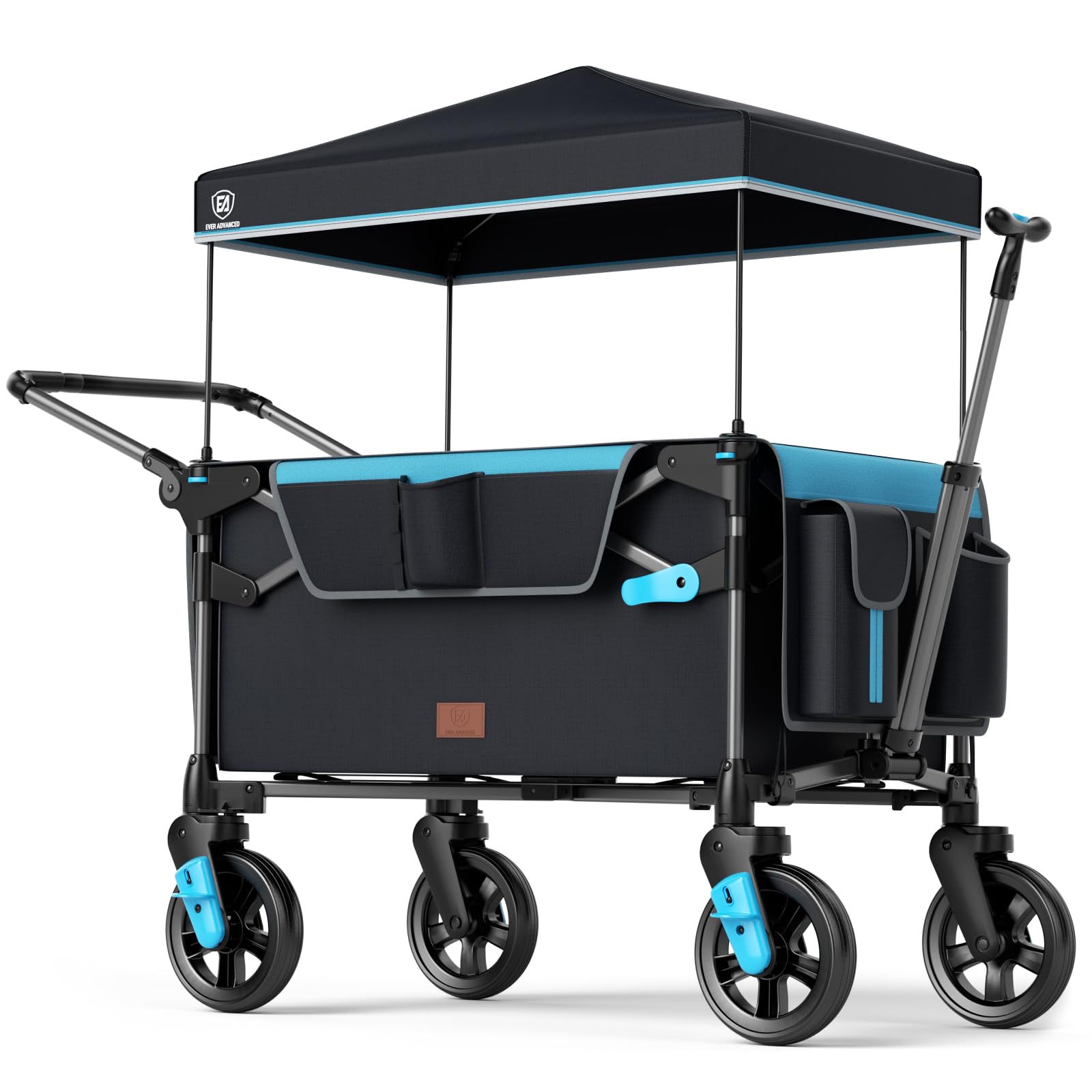 EVER ADVANCED Ultra-Compact Wagon for 2 Kids, Travel Foldable Push Pull Wagon Stroller with Removable Canopy, Adjustable Handles & Harnesses, Black