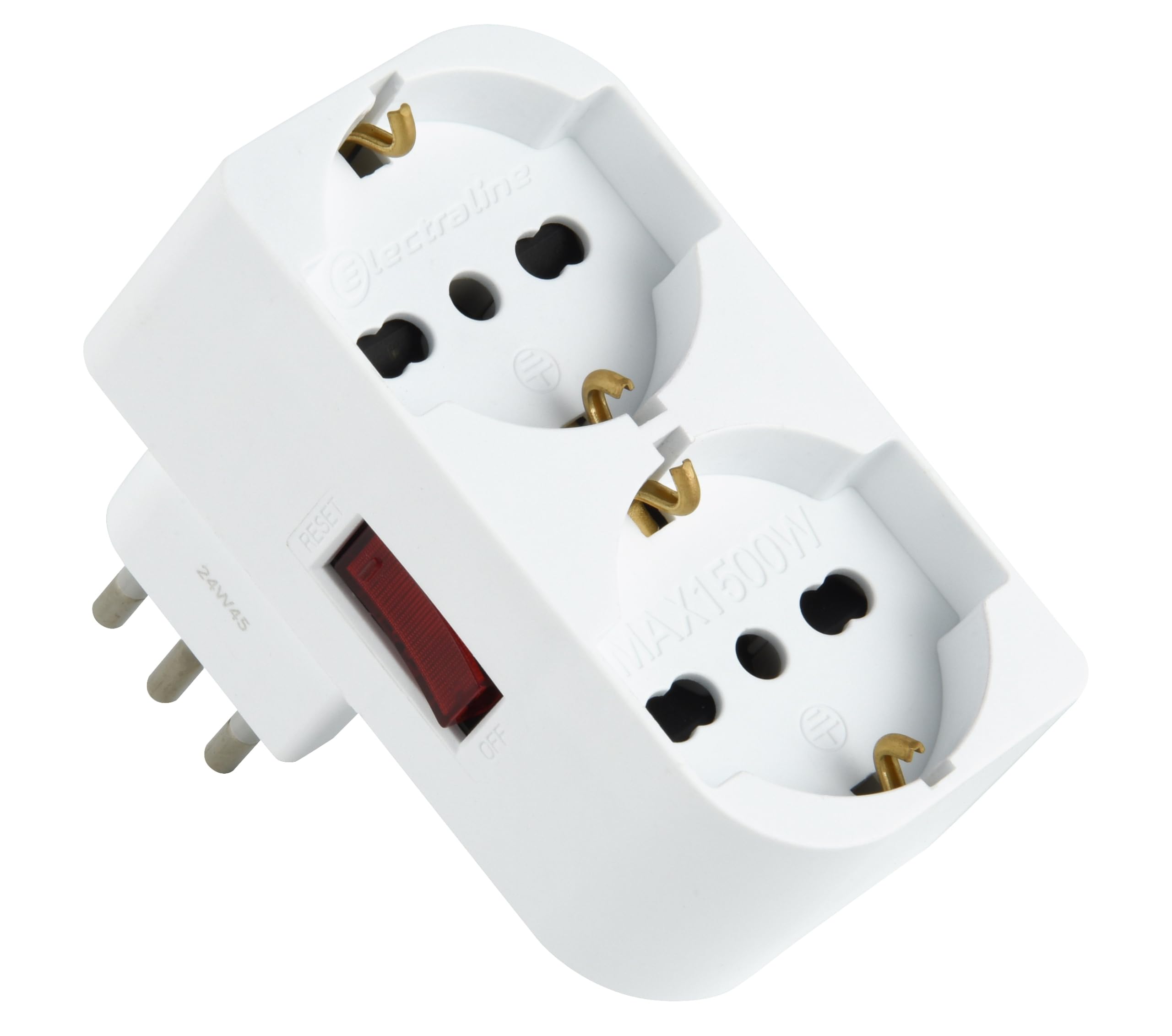 Electraline 71948 Adattatore Doppio Salvaspazio due Posti frontali P40 polivalenti (10/16A + Schuko tedesca), Spina piccola 10A fuoriasse per non sovrapporsi a prese/interruttori, interruttore ON/OFF