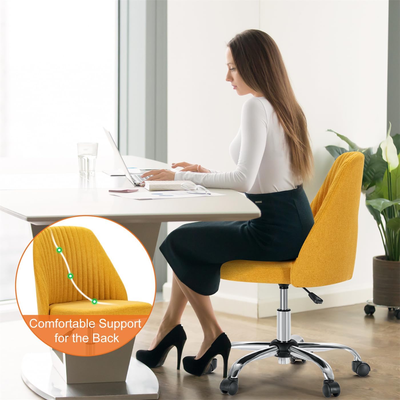 Armless Home Office Chair with Wheels, Adjustable Height 360 Swivel Desk Chair with Comfy Lumbar Support, Modern Fabric Task Chair for Office, Study, Work, Makeup(Yellow)