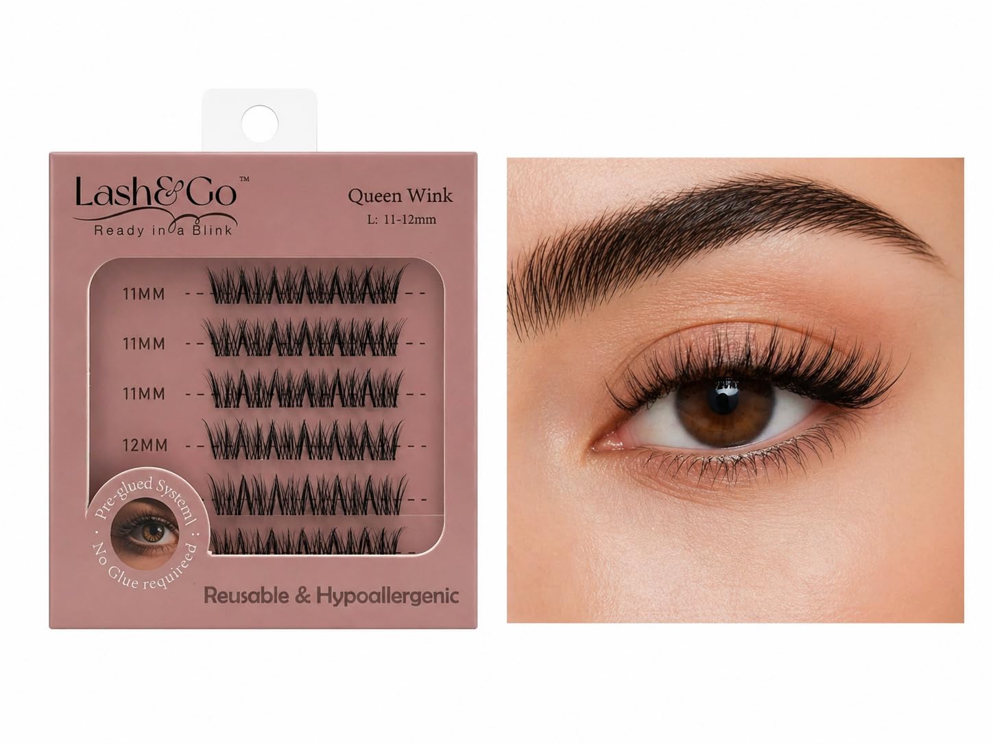 Lash&Go Pre-Glued Lash Clusters, Press-On Lashes No Glue Needed, Reusable DIY Lash Extensions, Full Volume Glam Look (11–12mm) – Queen Wink