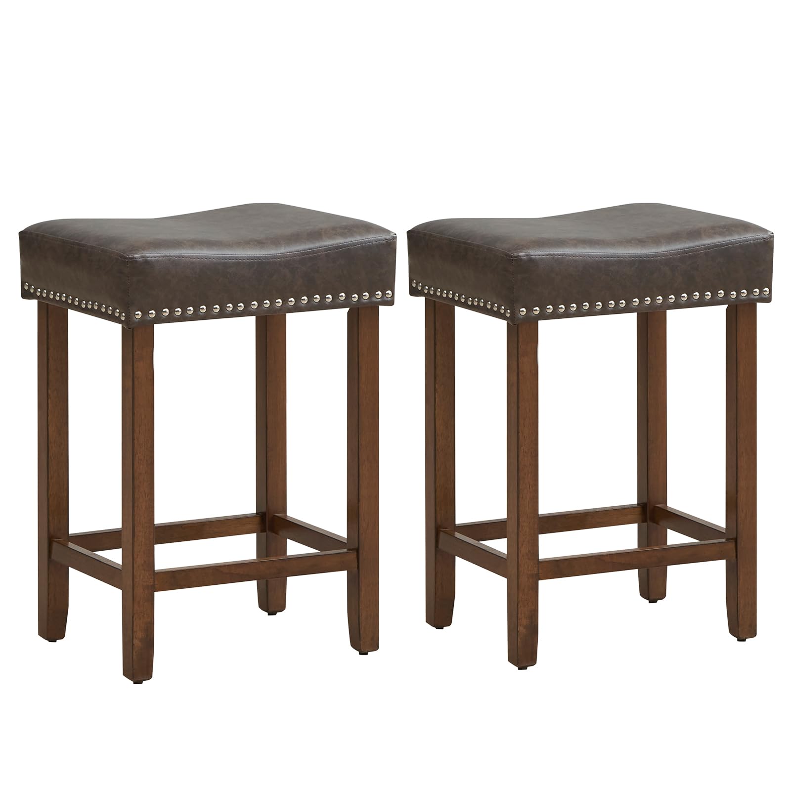 Giantex Bar Stools Set of 2, 24" Saddle-Shaped Kitchen Stools, PU Leather Counter Height Saddle Stools w/Footrests, Rubberwood Frame Upholstered