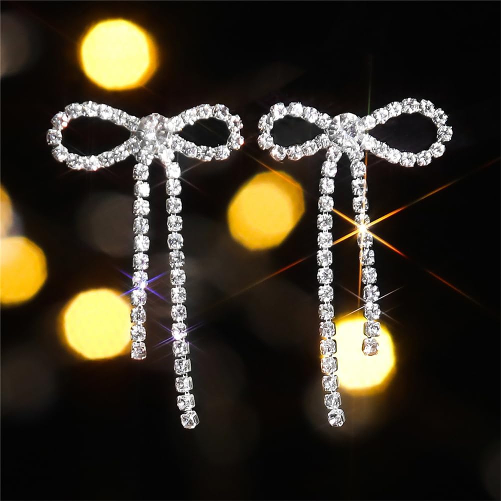 Silver Bow Earrings for Women Sparkle Rhinestone Long Tassel Earrings Ribbon Bow Drop Earring Silver Bowknot Dangle Earrings Cute Sparkly Jewelry - Image 6