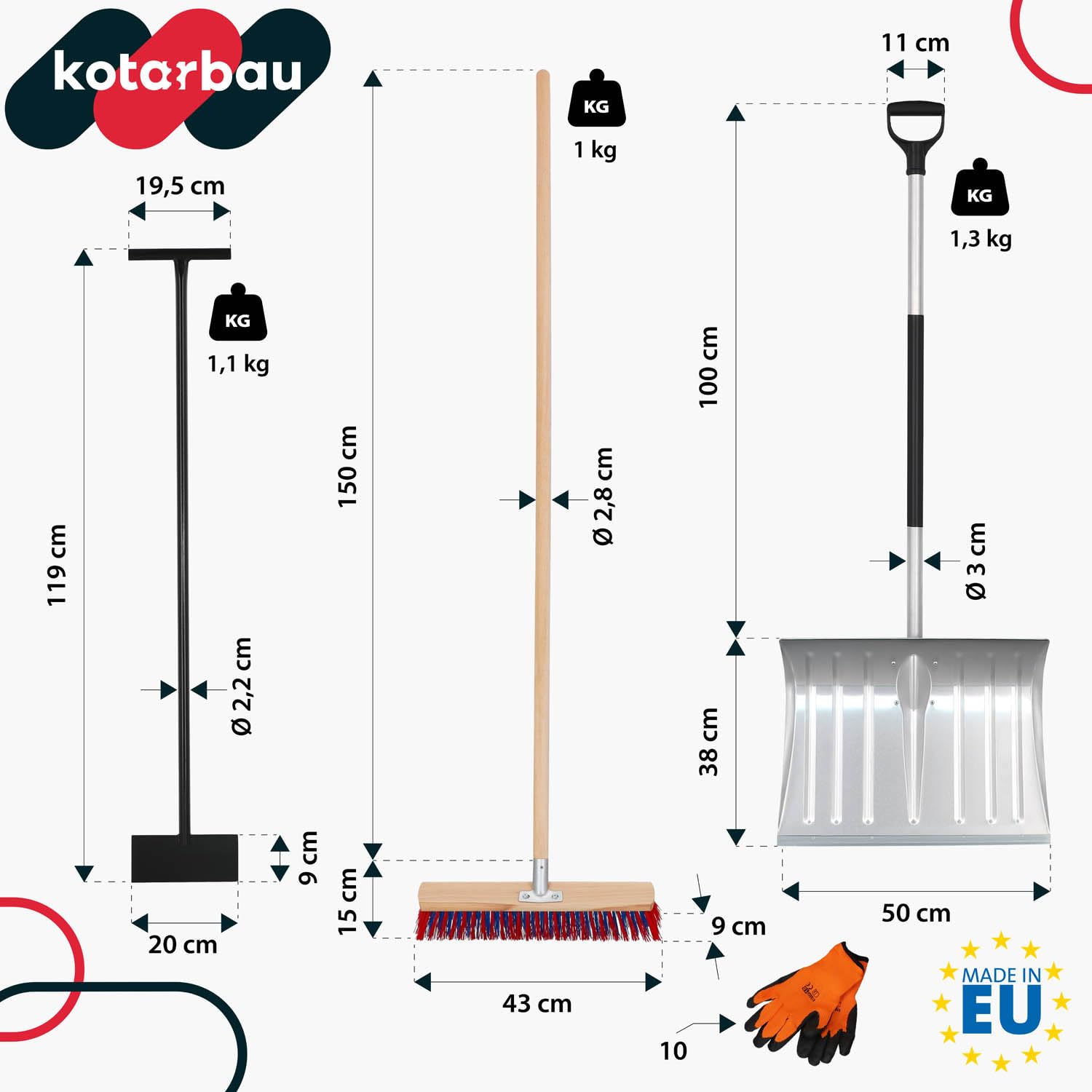 KOTARBAU® Set pala da neve con lama in alluminio 38 x 50 cm, scopa da strada con manico 150 cm, raschietto per ghiaccio 119 cm + guanti, pala da neve, manico per rimozione della neve