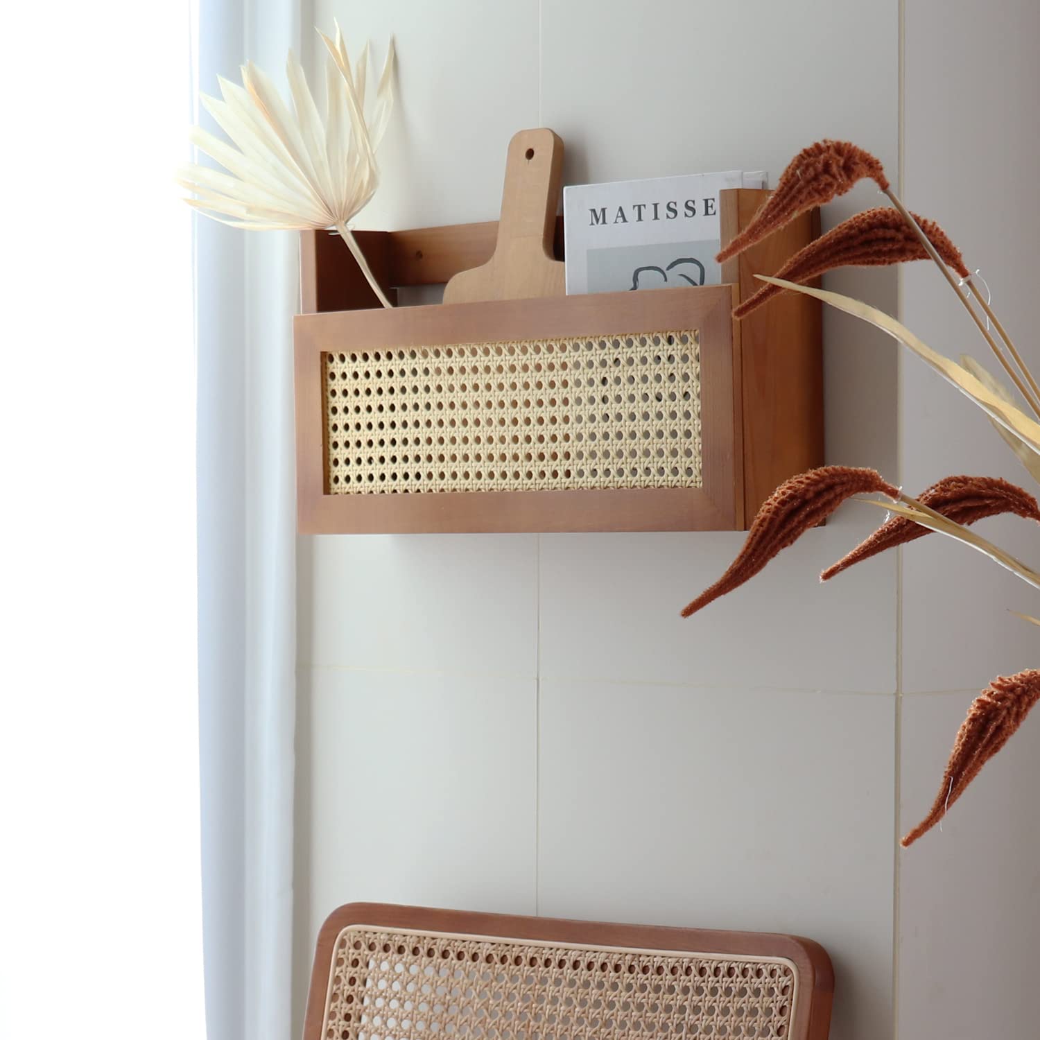 FIRADE Wall Magazine Rack - Brown Wood & Rattan -3