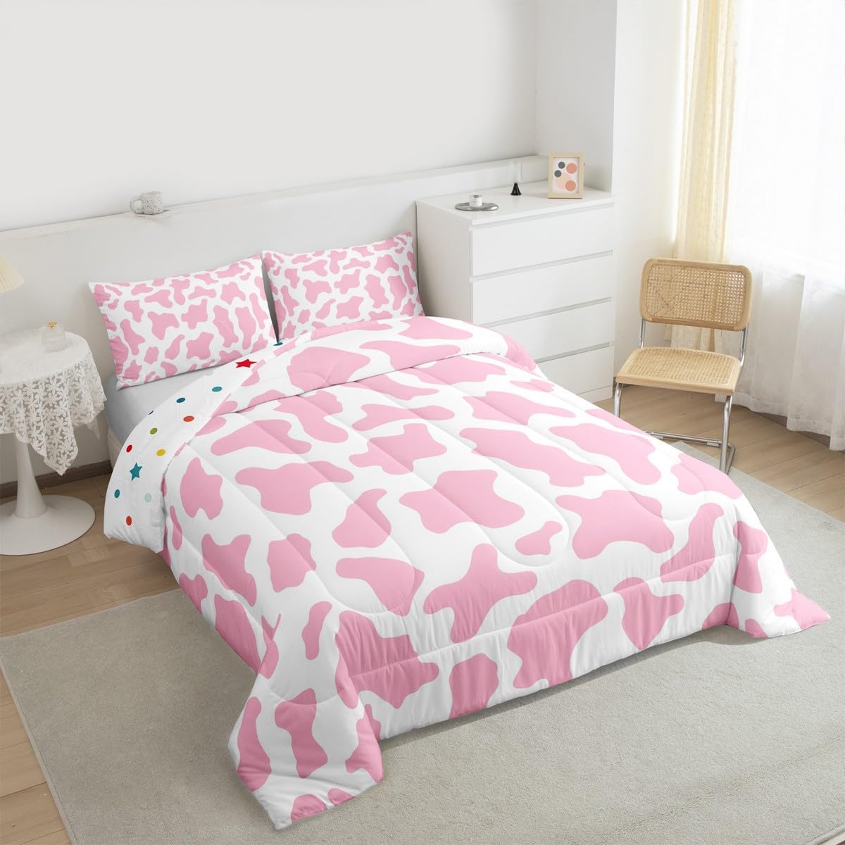 Kid Cartoon Bedding Set Pink Cow Print Down Comforter Full,Milk Cow Animal Cowhide Comforter Set Western Animals Bed Quilt for Toddler Teen Boys Girls Farmhouse Bull Cattle Kawaii Room Decor