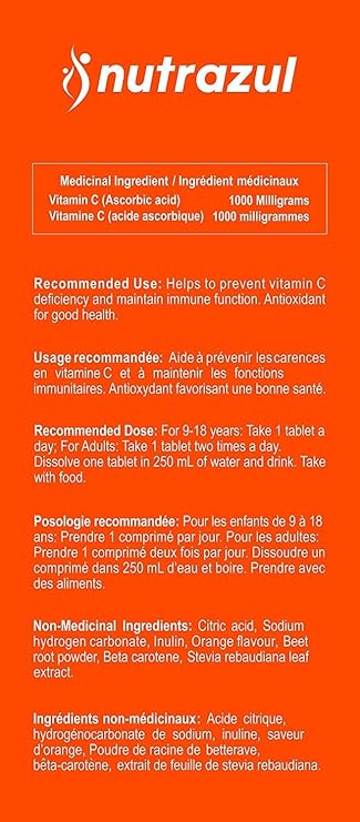 nutrazul Vitamin C 1000mg Effervescent Tablets, VIT C Supplement to Help Maintain Immune Function, Gluten-Free, Lactose-Free, Sugar-Free, Preservative-Free, Orange Flavor, 20 Count, Pack of 3