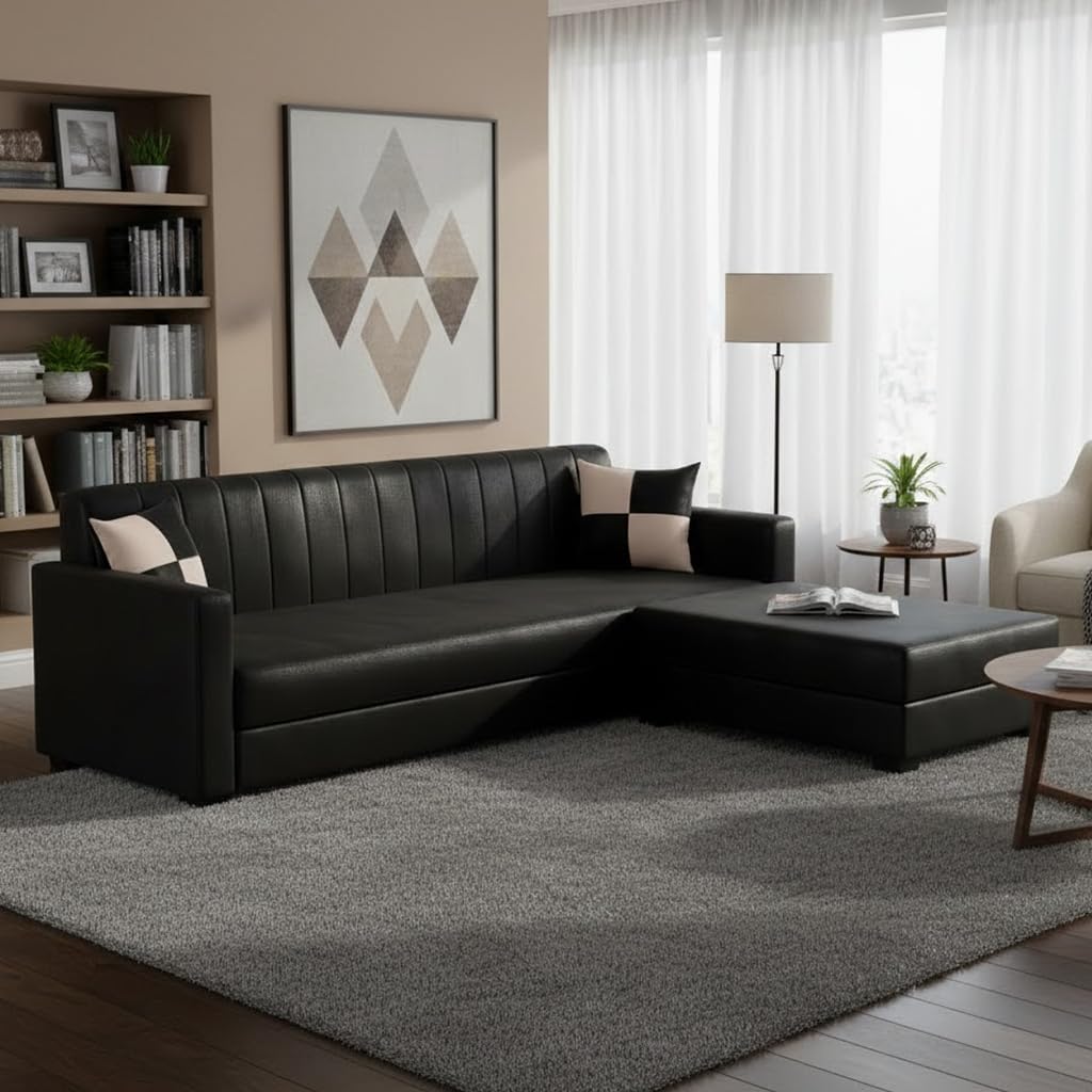 FURNY Korelon 3 Seater Premium Leatherette Modular Sofa Set with Ottoman (Black) Premium Finish | Durable Comfort | Ideal for Living Room