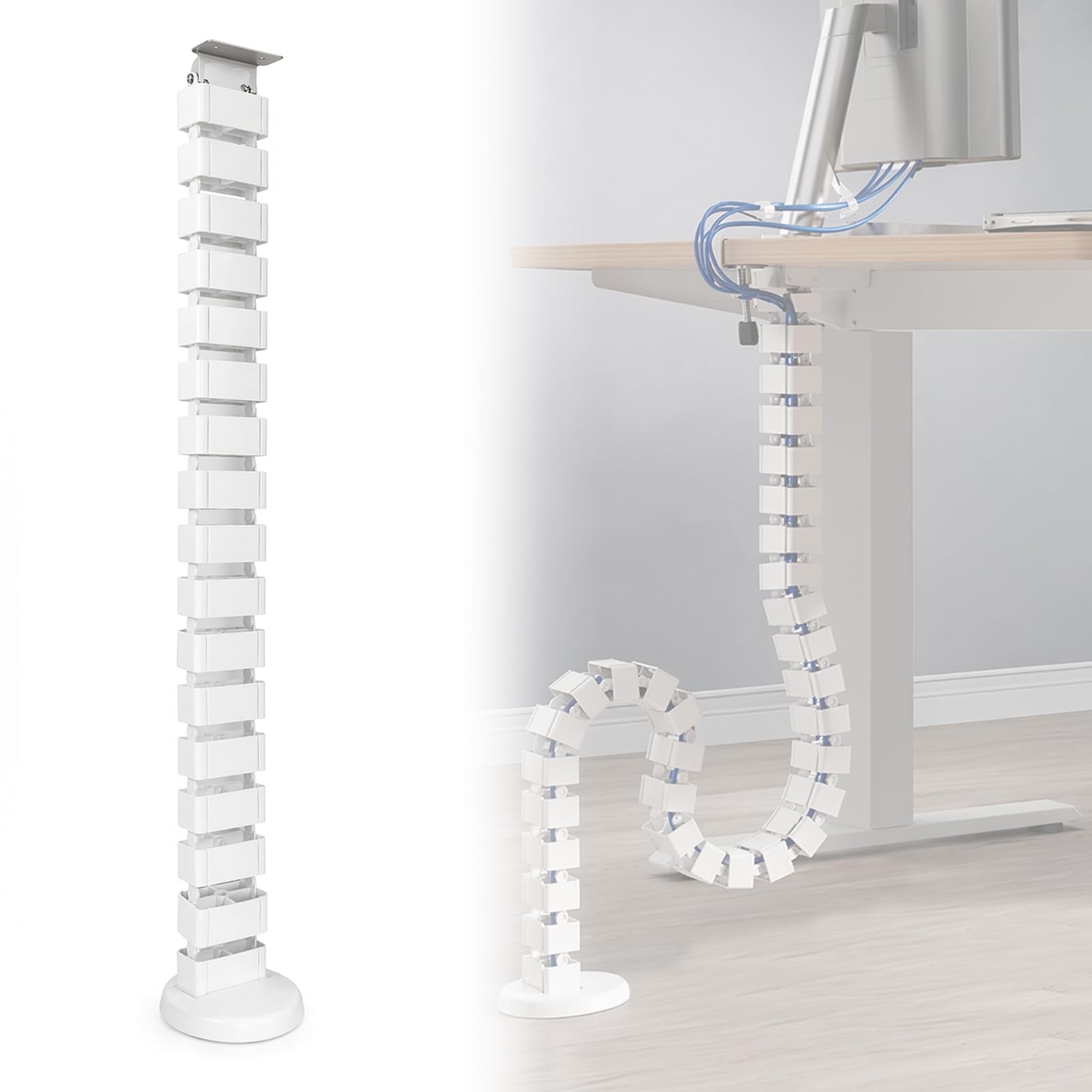 Guide-câble carré Flexible 130cm, Organisateur Rangement Fils chaîne Serpent, Accessoire Gestion câbles Bureau Hauteur Ajustable Couleur Blanc