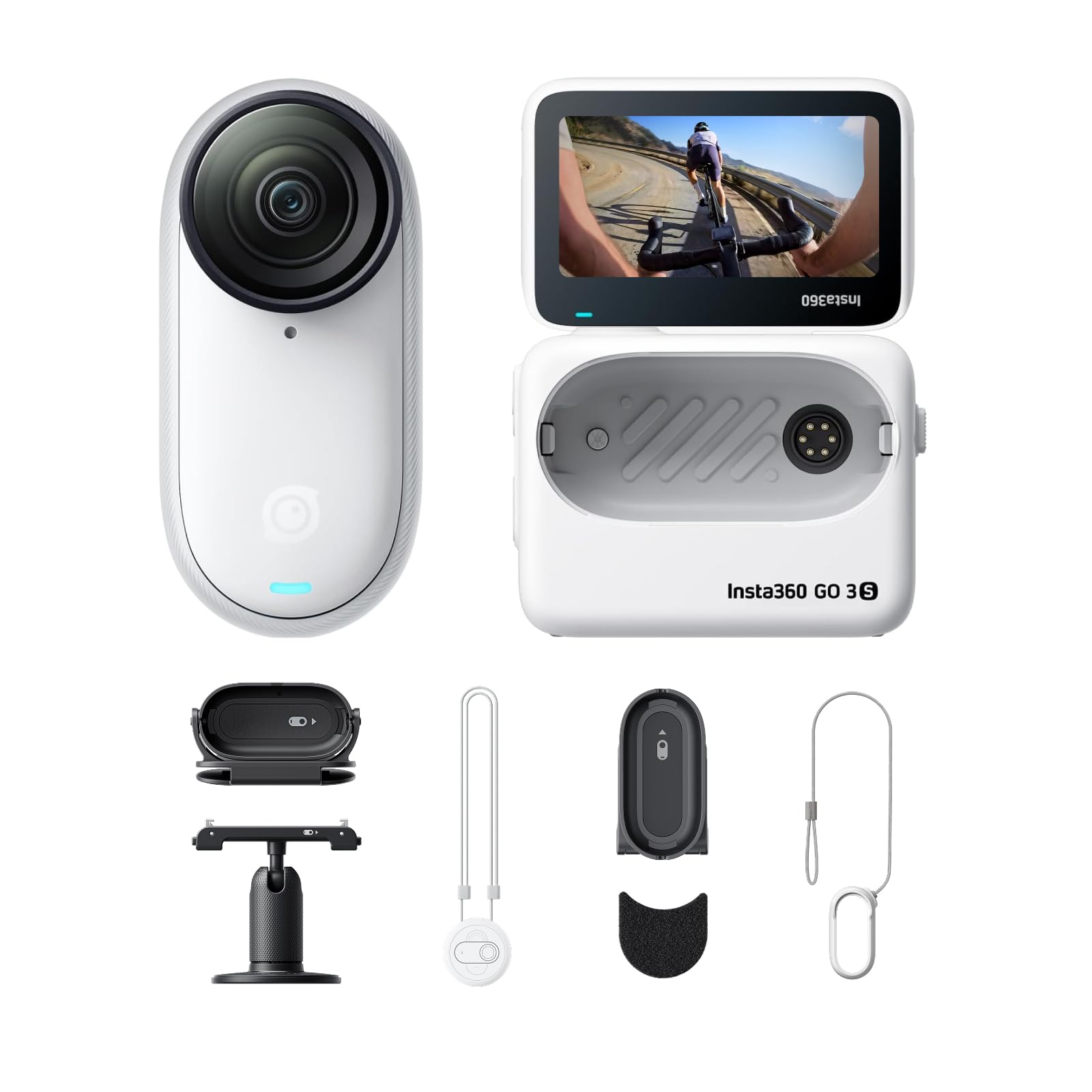 Insta360 GO 3S Cycling POV Bundle - 128 GB White 4K Tiny Portable Vlogging Camera, Hands-Free POVs, Mount Anywhere, Stabilization, 140 Min Battery