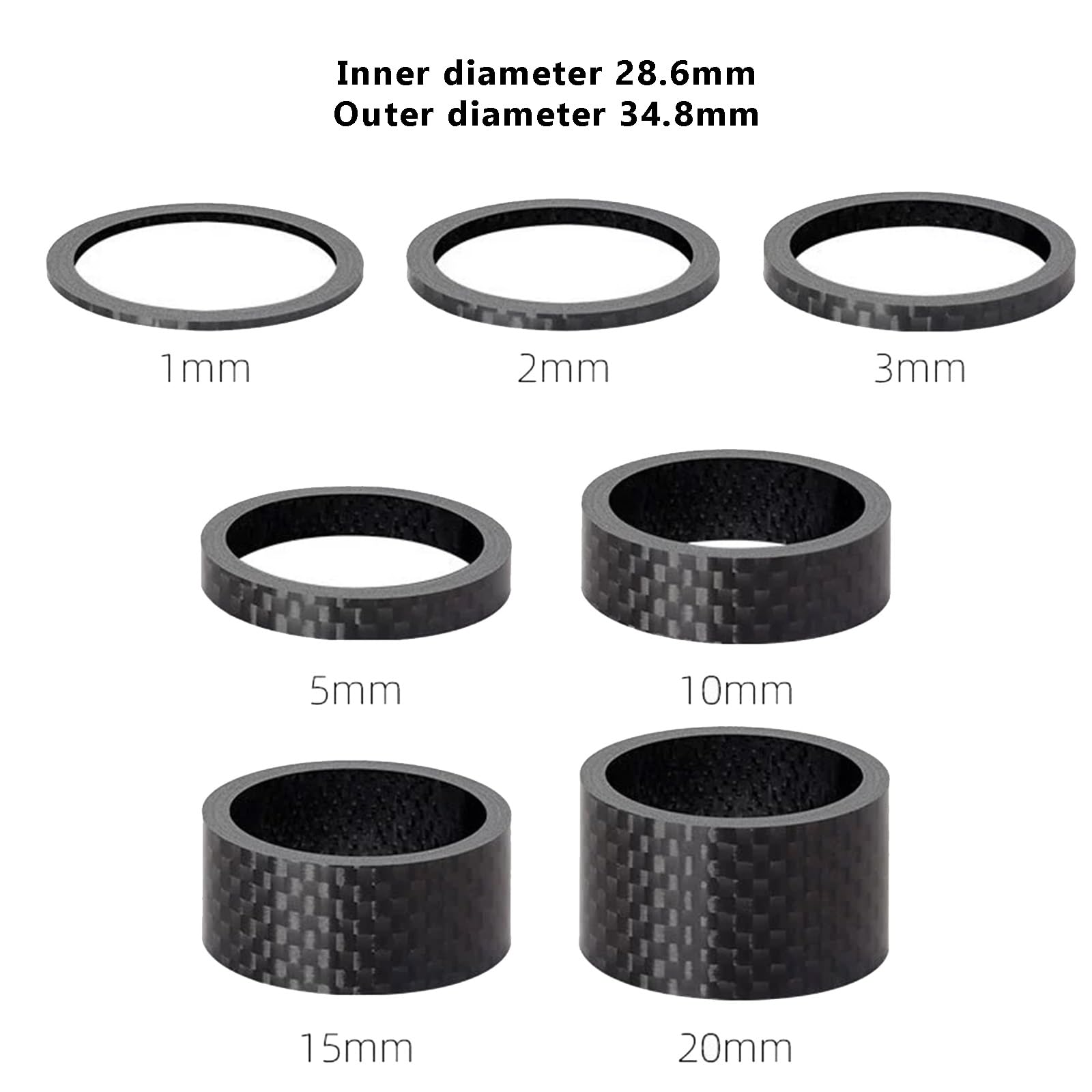 Set di 15 distanziatori per bicicletta, 7 misure, in fibra di carbonio, per bici da strada, distanziatori per bicicletta, 1 mm/2 mm/3 mm/5 mm/10 mm/15 mm/20 mm