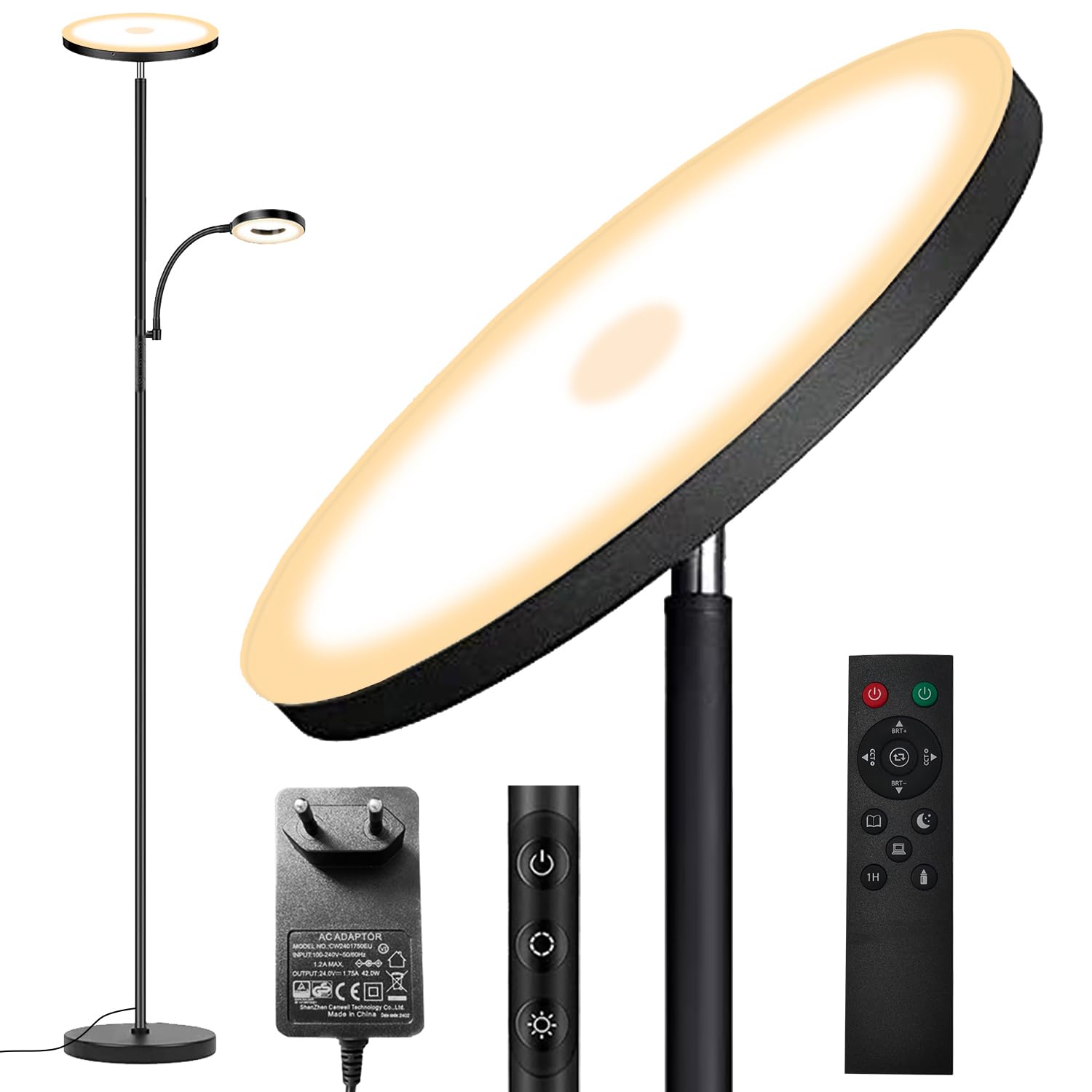 Yikuneng 42W Lámpara de Pie Regulable, LED Lámpara de Pie Salon 4500LM Súper Brillantecon con Lámpara de Lectura, control remoto y control táctil Lámpara Alta para Salon de Estar Dormitorio Oficina