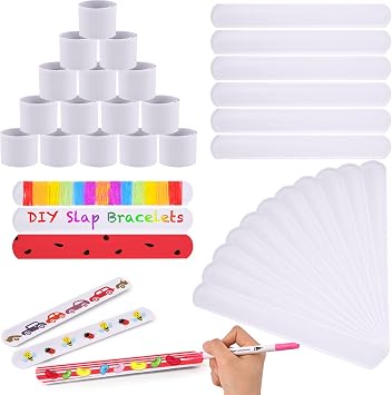 48pcs White Slap Bracelet Blank Snap Bracelet Wristband for Kids DIY Craft Painting School Project Party Favor Supply