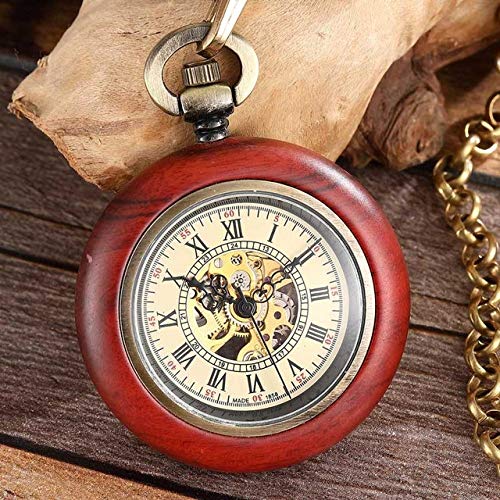 NOBRAND Reloj de bolsillo, cuadrado de madera, mecánico, reloj de bolsillo, cadenas de madera roja, cuerda de mano, esqueleto, relojes para hombres y mujeres, reloj regalo, número 8