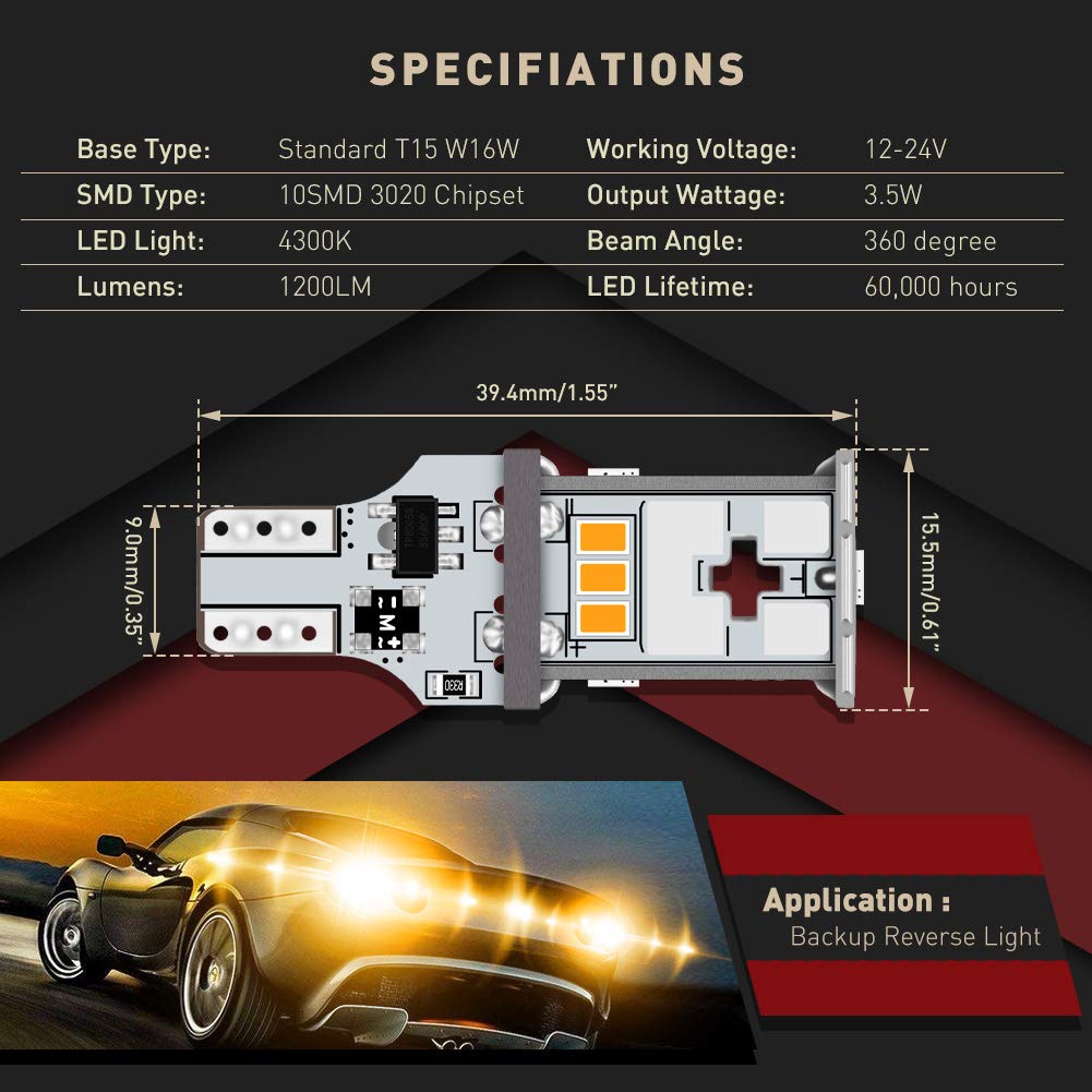 T15 W16W Lampadine LED Halogen Yellow 4300K 1800LM 10 pezzi 3020SMD Chipset CanBus Senza Errori per Luce Freno Auto Luce di Retromarcia Luce Parcheggio Lampadine per Esterni Auto - (10 Pezzi)