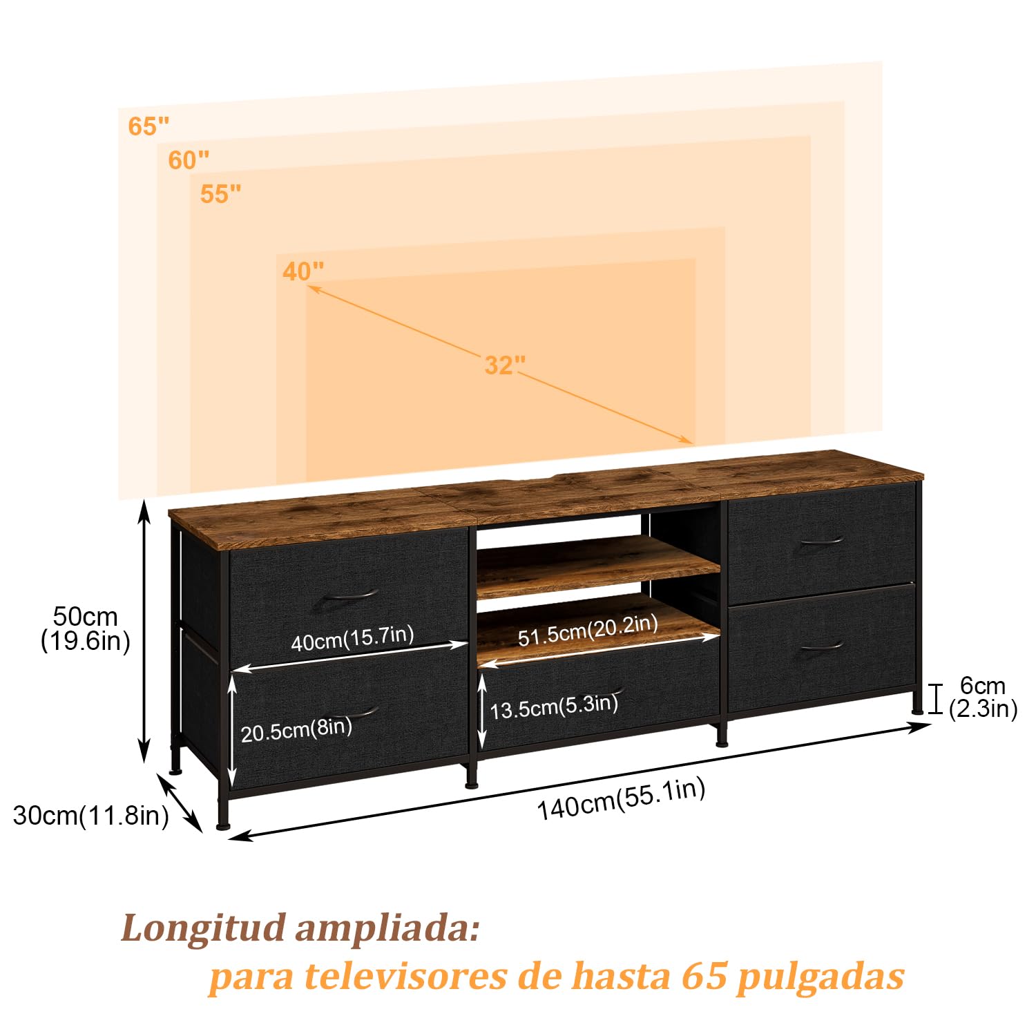 Mueble para TV con 5 Cajones para Televisores de hasta 65" | 140 × 30 × 50 cm, Negro, Mueble de salón moderno con almacenaje
