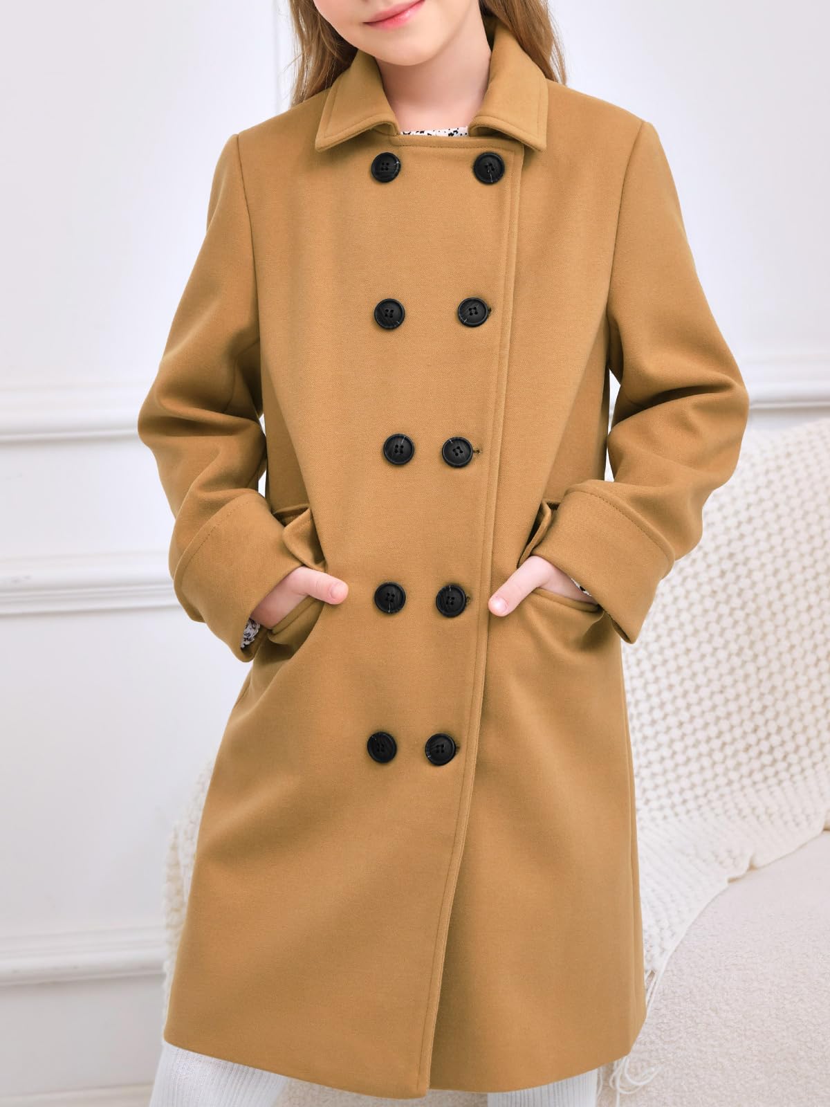 Haloumoning Trench a doppio petto per bambine, con risvolto e tasche, 5-14 anni | Tasche funzionali, bambini, cappotto, cappotti invernali, cappotto lungo, capispalla