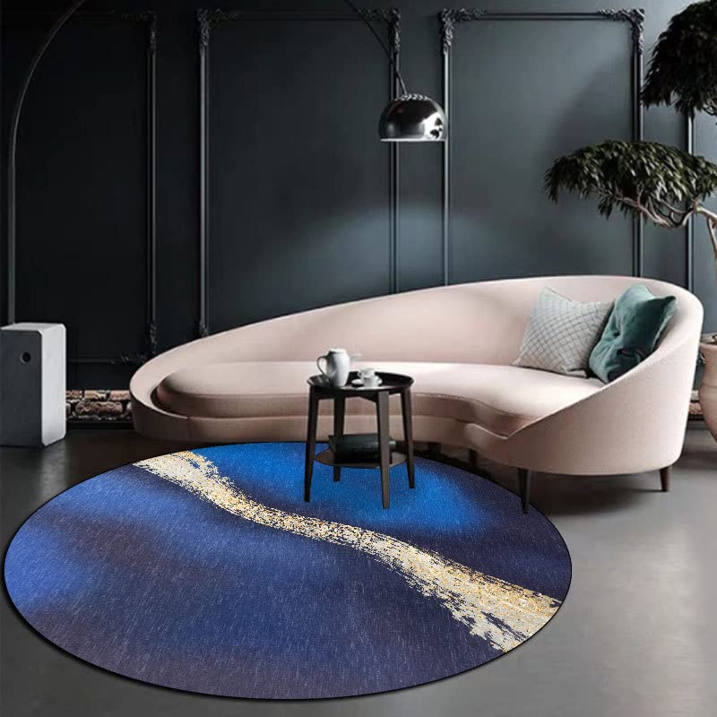 Tapis rond épais au design abstrait minimaliste beige et bleu 140 cm