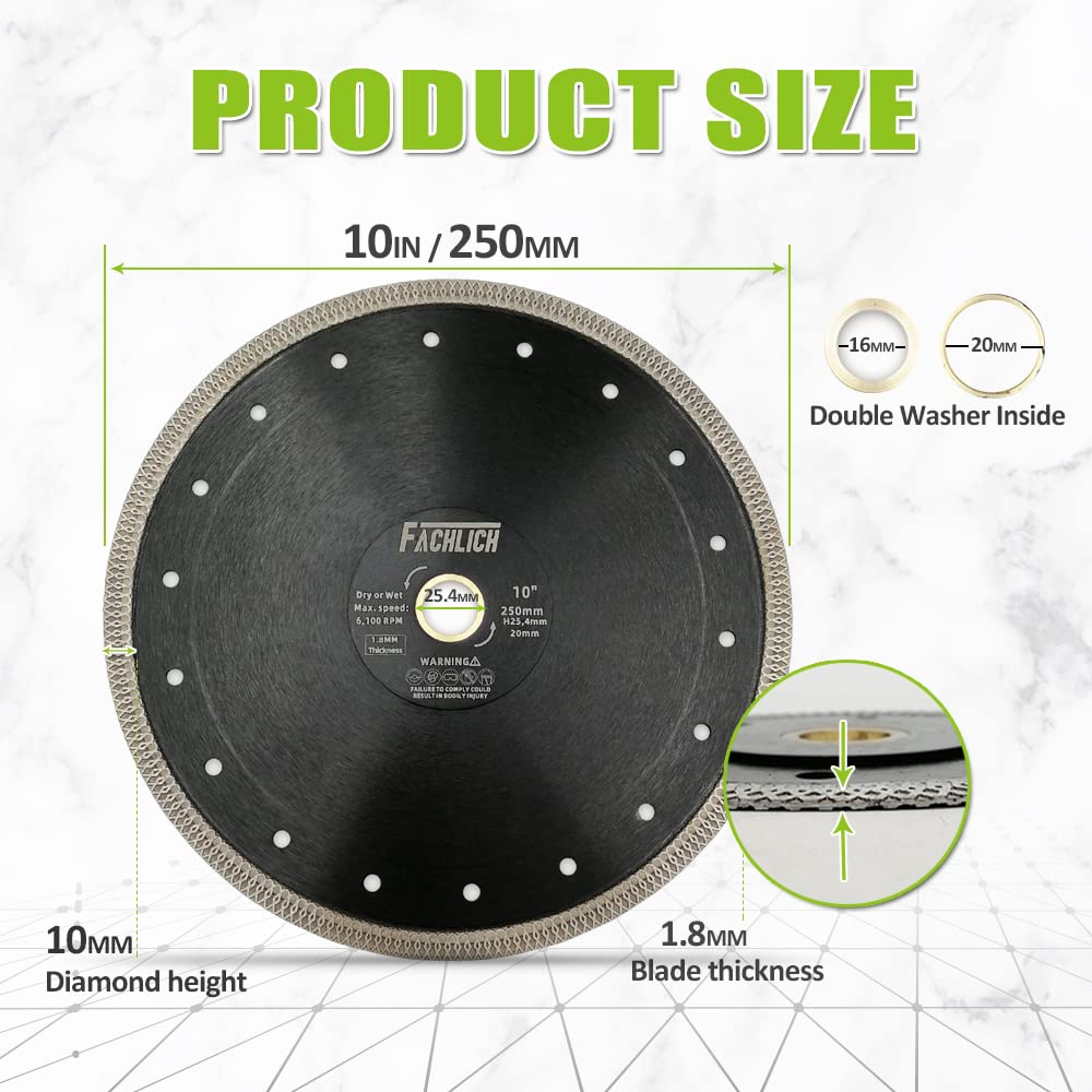 Disco de Corte de Diamante 2 piezas 250mm con X Malla Turbo Hoja de Sierra para Porcelana Azulejos Cerámica Mármol