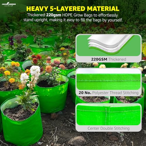 Image of Anandi Green's Premium HDPE Uv Protected 220 GSM Round Shaped Green Colour Plants Grow Bags Suitable for Terrace and Vegetable Gardening (Pack of 10, 6X6 INCH)