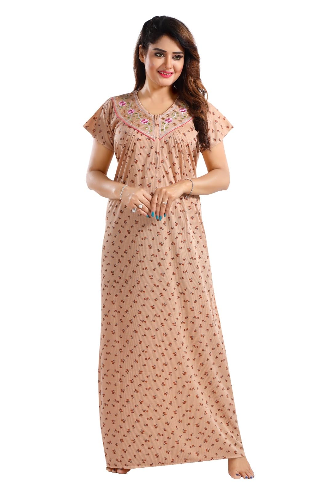 yazia Women's Soft Hosiery Cotton Maxi Round Neck Front Button Full Length Nightwear Night Gown Nighty Sleepwear for Ladies-picture-30