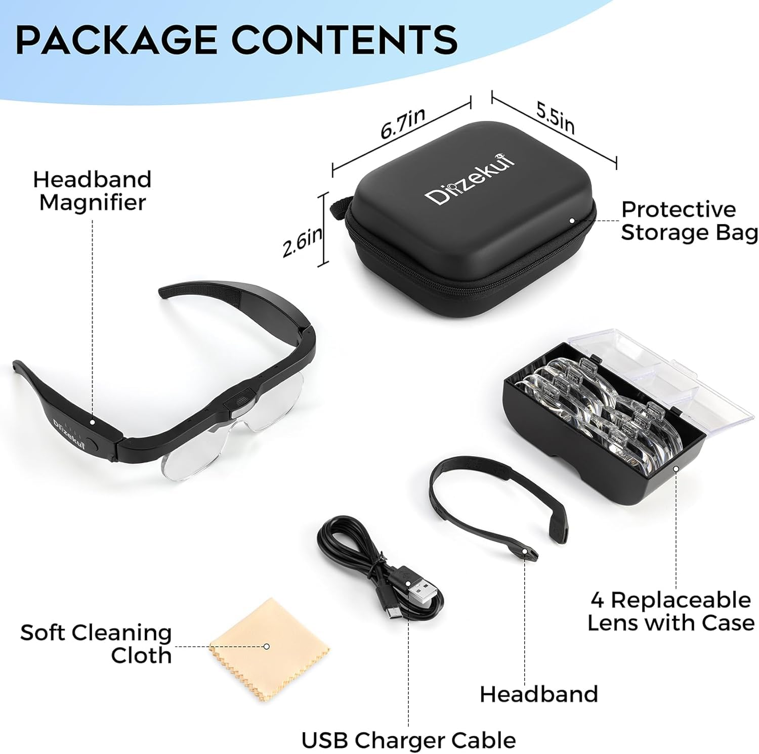 Dilzekui Magnifying Glass with Light, Rechargeable Magnifying Glasses 1.5X-5X Lenses, Magnify Glasses for Close Work with Carry Case, Magnifier Headset Headband Magnifier for Craft Hobby Cross Stitch