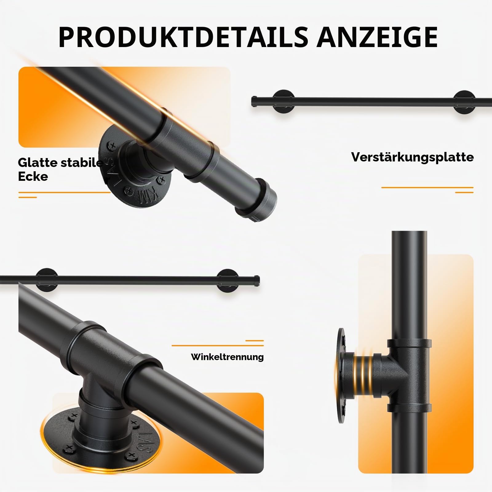 Handlauf für Treppen 300cm Edelstahl Geländer Rutschfest Schwarz