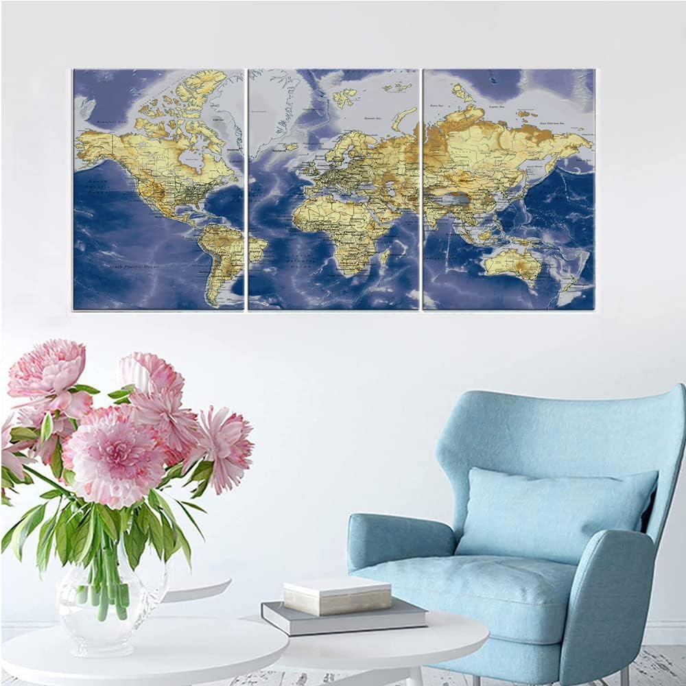 World Map Wall Art Of The World Canvas Wall Decor Poster Framed Stretched Wall Art For Living Room Large Size Ready To Hang Blue 12*16*3