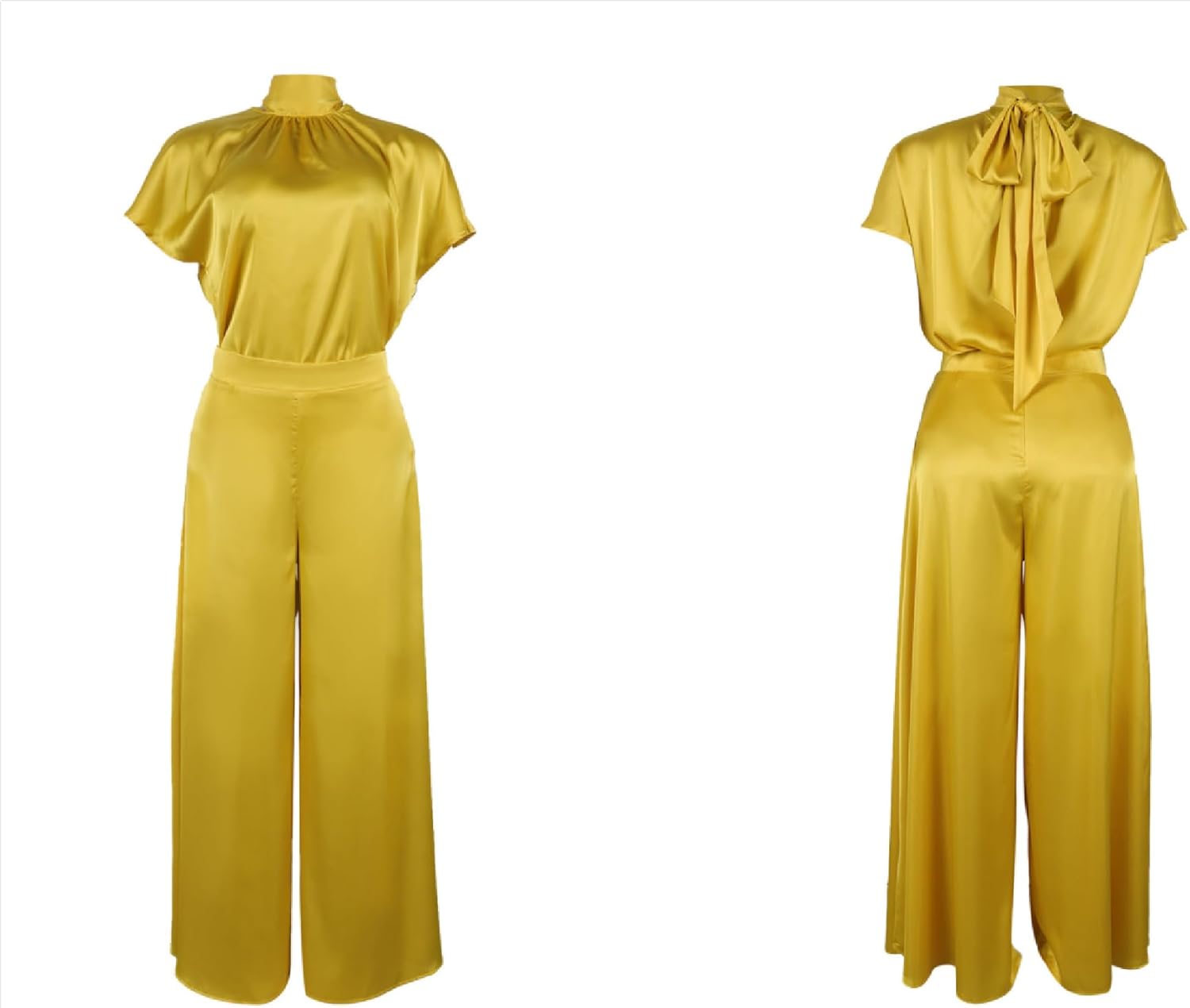 Seltaon Womens Summer 2 Piece Outfits Satin Short Sleeve Tops Wide Leg Palazzo Pants Vacation Going Out Sets - Image 5