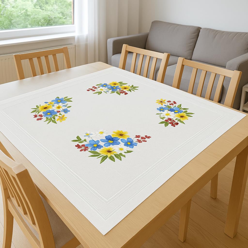 KAMACA Stickpackung Tischdecke Plattstich Stielstich Blumen vorgedruckte Stickdecke inkl. Stickgarn Stickvorlage und Anleitung Stickset zum Selbersticken für Erwachsene (Alpenblumen MD 80x80 cm)