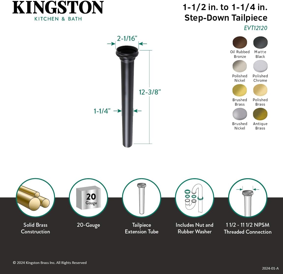 Fauceture EVT12120 Possibility 1-1/2" to 1-1/4" Step-Down Tailpiece, 12" Length, Matte Black