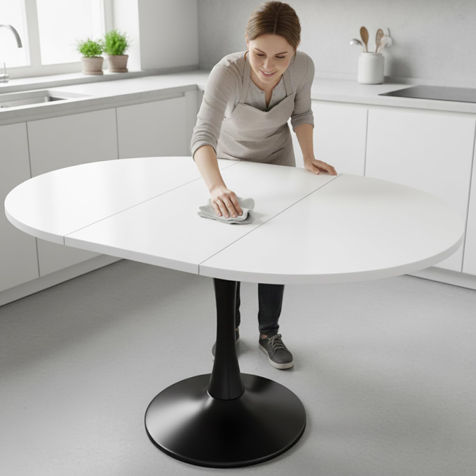 Mesa de Comedor Redonda Extensible, 100-140 x 100 x 75 cm, para 4-6 Personas, Ideal para Comedor, Cocina y salón, Blanco + Negro (AB)