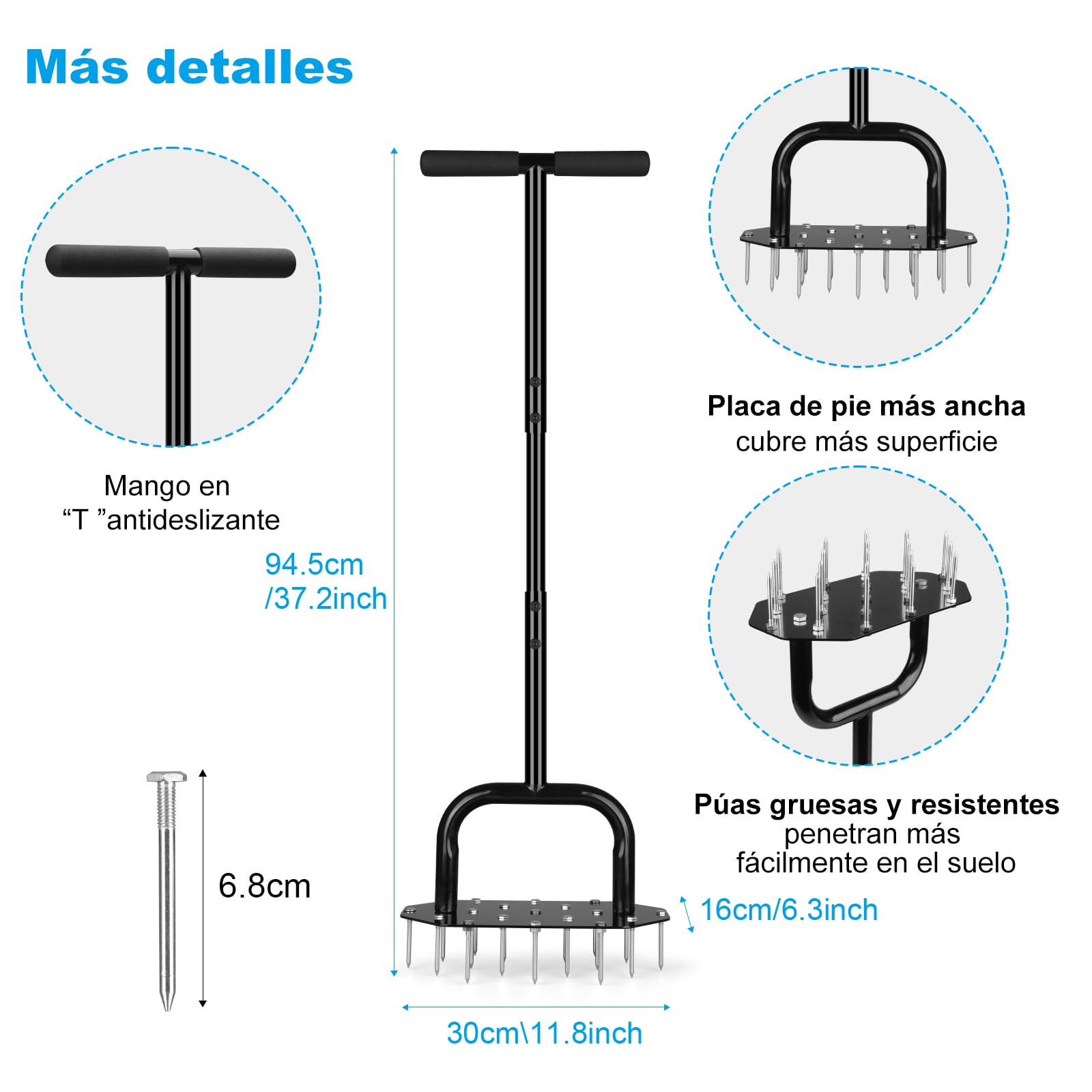 Aireador de Césped Manual - Aireador de Césped Resistente con 18 Picos Duraderas, Herramienta de Aireación de Césped Desmontable con Empuñadura en T y Placa de pie Ancha, Ideal para Patio, Jardín