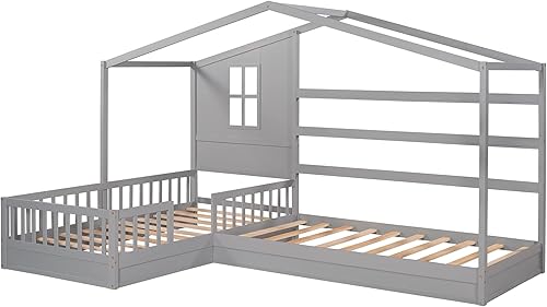 Miniatura 66 de MERITLINE Camas matrimoniales con nido para niños, marco de cama de madera para niñas y niños, cama matrimonial con techo, no necesita somier Azul +
