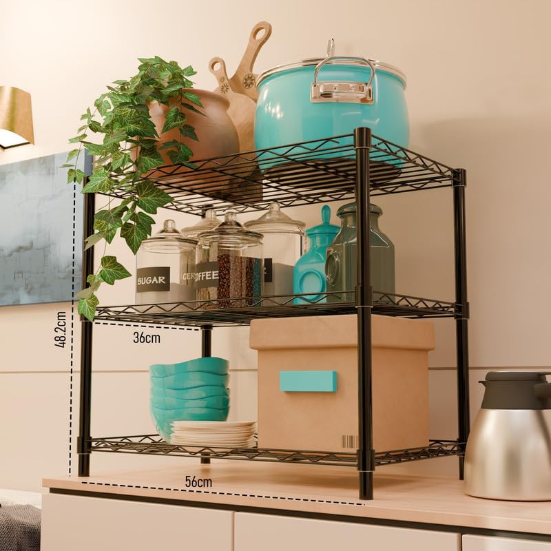 Image of 3-Shelves Counter Top Heavy Duty Steel Storage Rack | Multipurpose Shelving Unit for Kitchen, Home & Utility