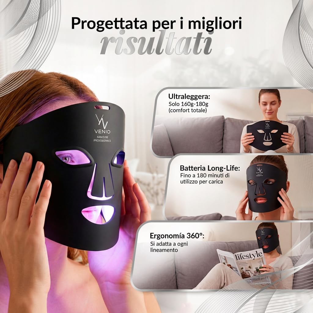 VENIO Maschera LED Viso Professionale – Maschera Viso LED con Luce Rossa e Infrarossi, 4 Colori LED, LED Mask per Routine di Cura Estetica e Benessere a Casa