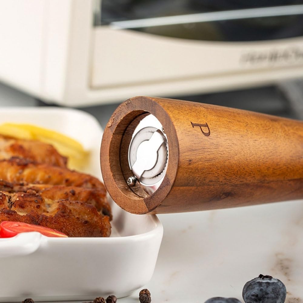 Salt and Pepper Grinder Set, Refillable Salt & Pepper Mills Adjust for Customized Coarseness, Crafted of Solid Acacia Wood with Ceramic Core