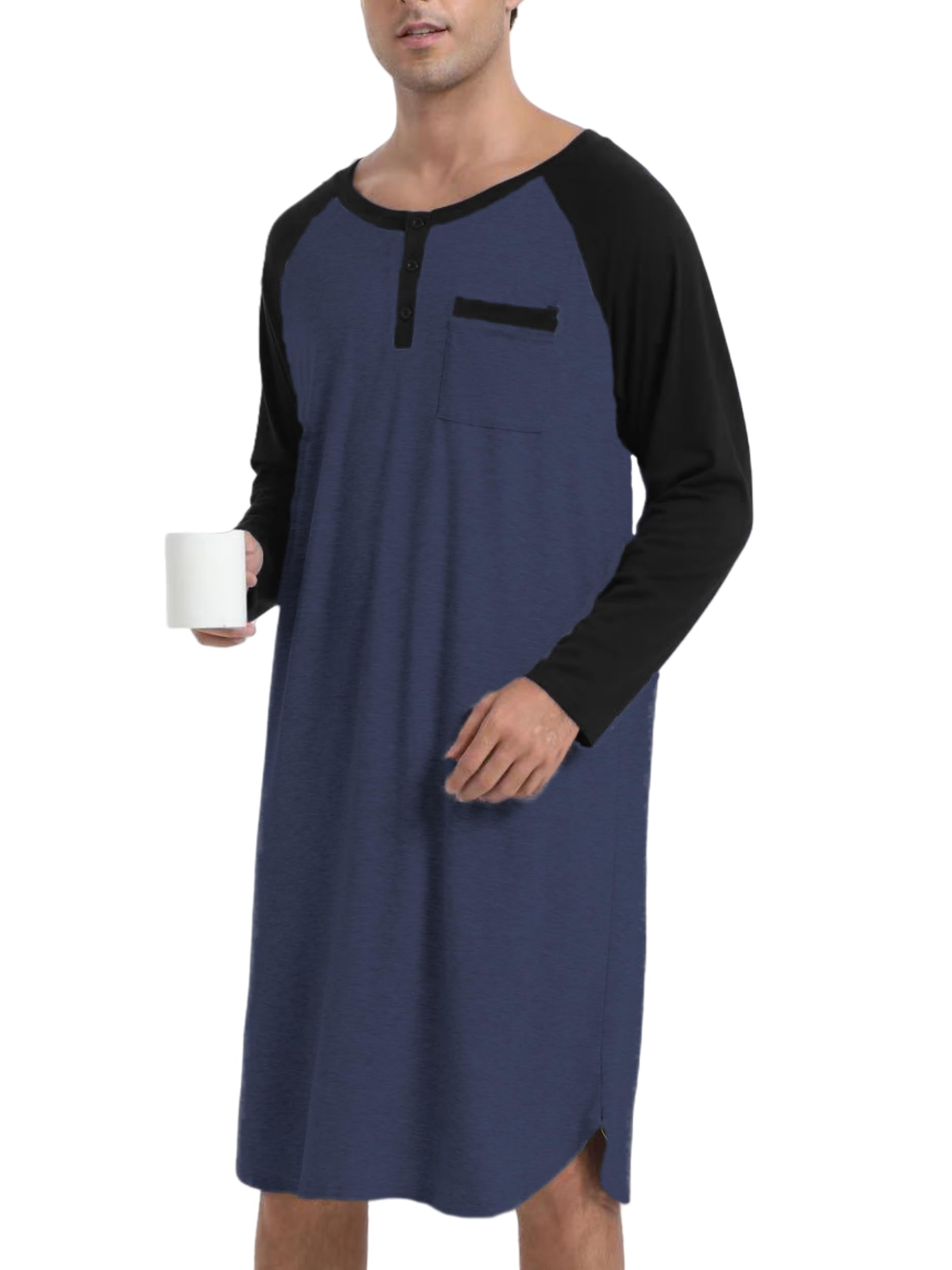 Enjoyoself Herren Nachthemd Langarm Baumwolle Langes Schlafshirt Leicht Luftig Pyjamaoberteil Nachtwäsche für Krankenhaus