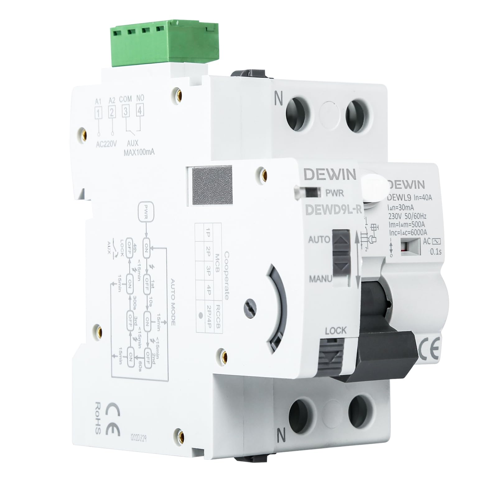 DEWIN Interruttore Differenziale a Riarmo Automatico 40A 30mA Salvavita con Riarmo Automatico Differenziale Riarmo Automatico Salvavita Restart 2P AC