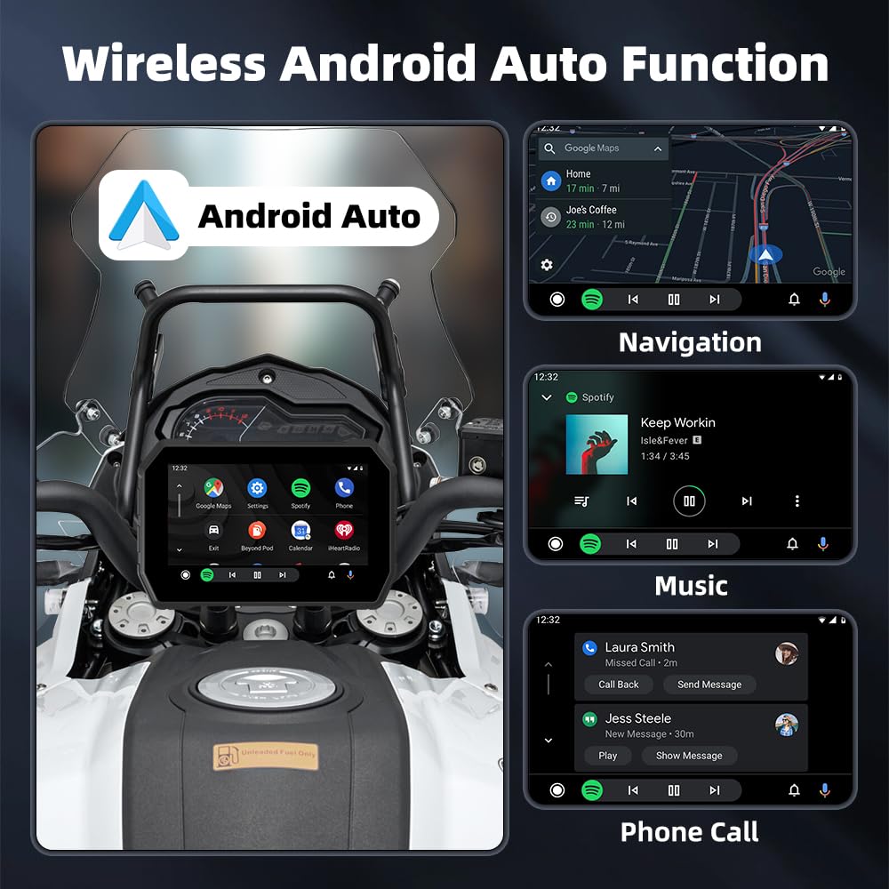 Bezprzewodowy odbiornik samochodowy CarPlay i Android do motocykla, ekran dotykowy IPS 800 nitów, IP67, wodoodporny ekran dotykowy, BT 5.0, obsługuje mapy / muzykę za pośrednictwem smartfona
