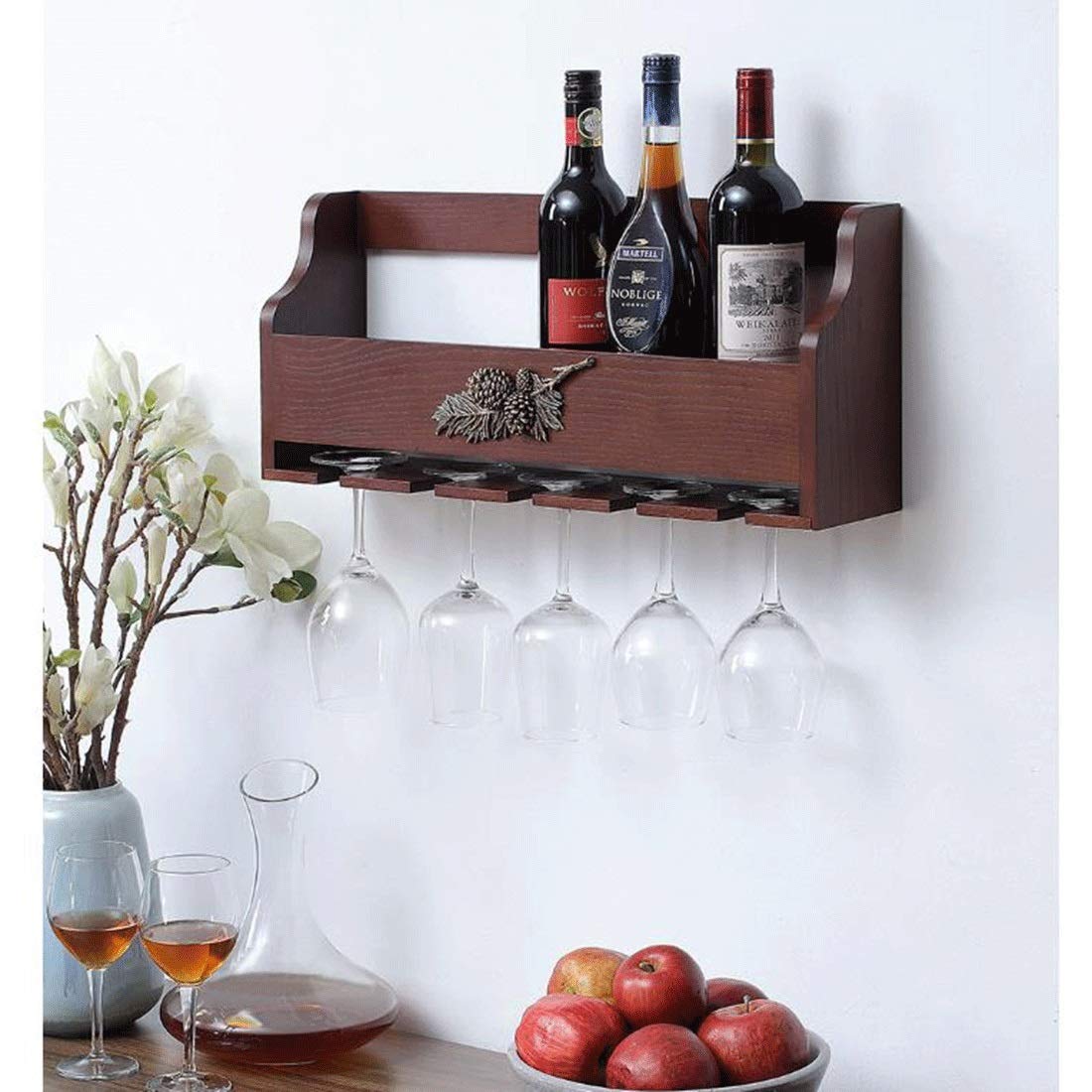 Porte-Bouteille Casseroles en Bois murales Suspendues Bouteilles de vin et Coupes en Verre de Champagne