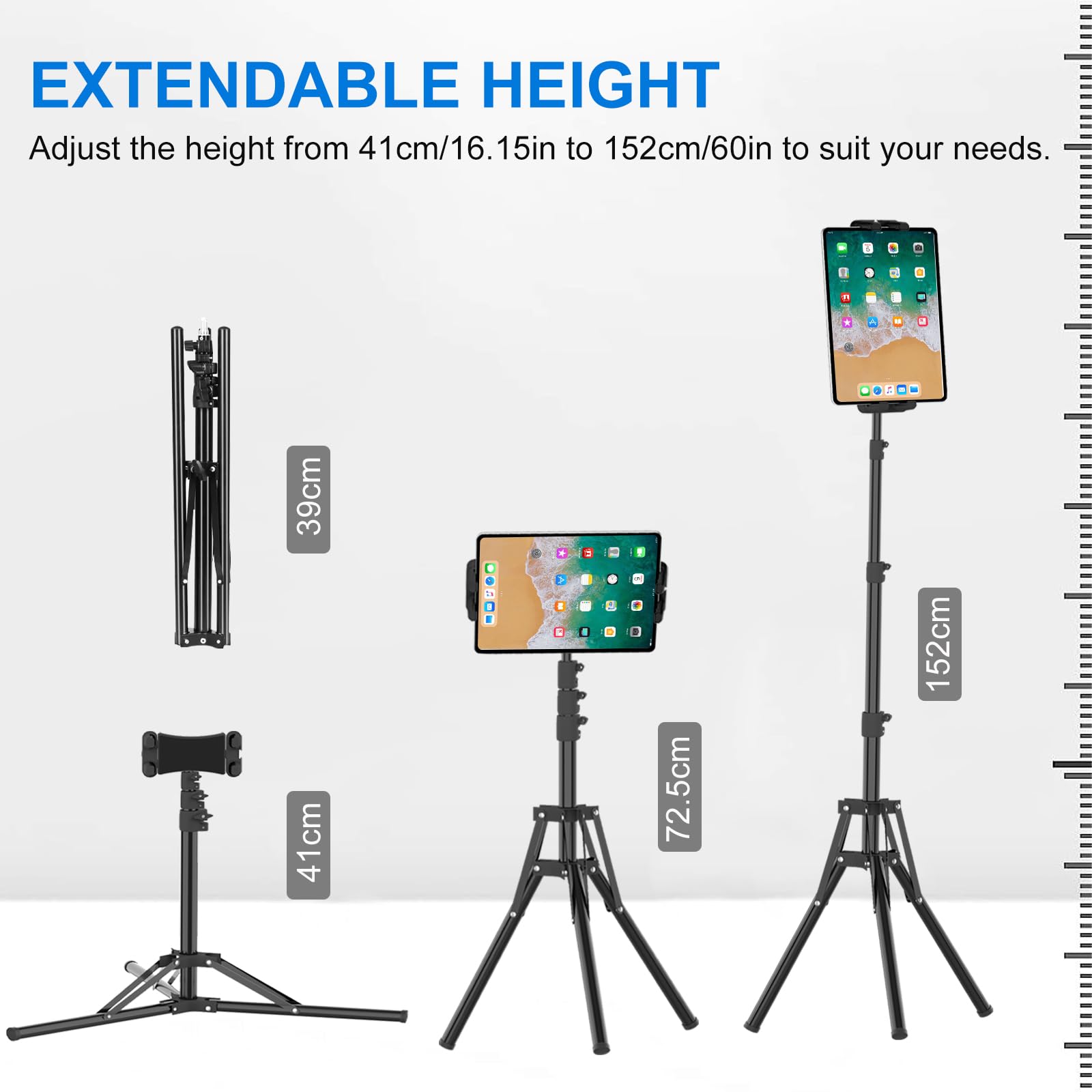 Supporto Treppiede Tablet, Cenawin 152cm Supporto Pavimento per iPad Regolabile in Altezza, Supporto Pavimento per iPad Girevole a 360° Tablet Treppiede per iPad Pro Air Mini 4,7-13,5" Telefono Tablet