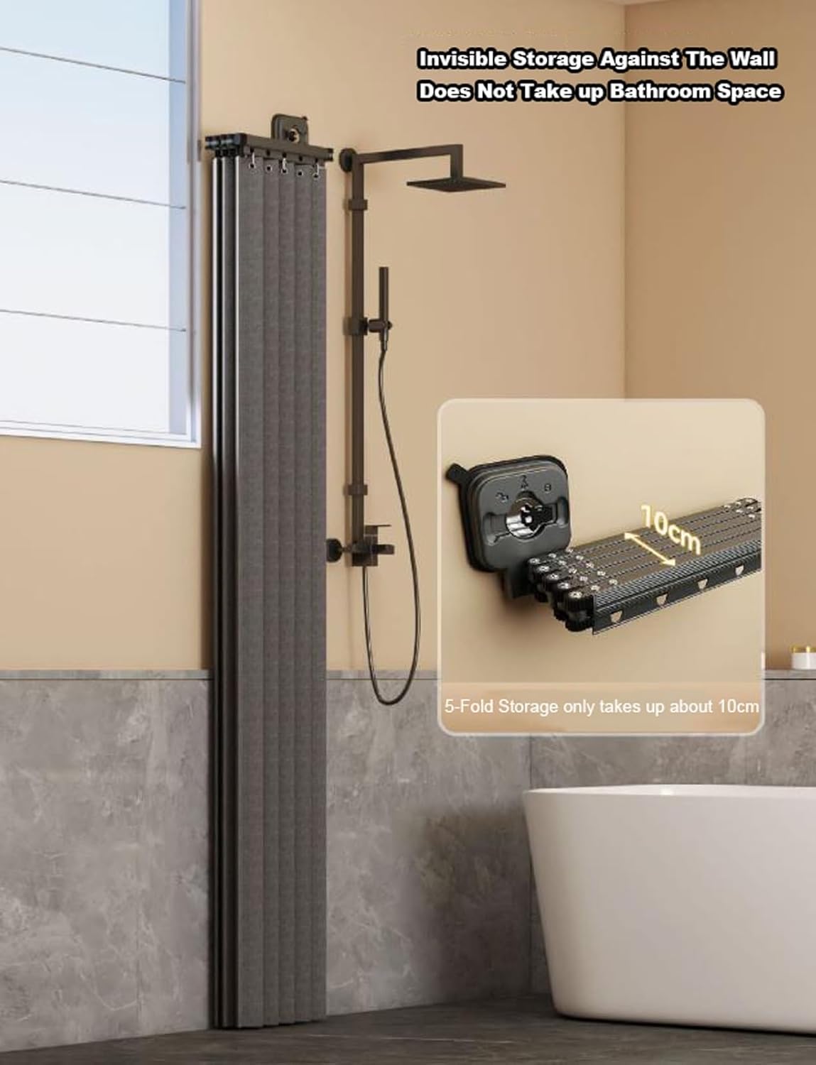 Folding Shower Curtain Rod Set,New Retractable Water Resistant Shower Curtain,Multi-Function Portable Changing Room,No Drill,for Bathroom,Window,RV,Closet(White,5-Fold)