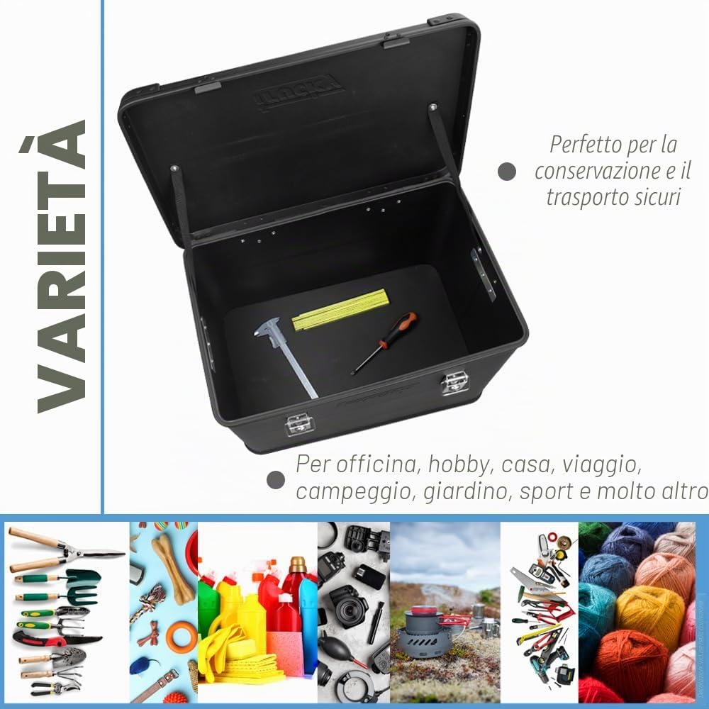 Trucky Scatola in alluminio con coperchio, in alluminio, per il trasporto, in metallo, richiudibile, dimensioni: 75 l, colore: nero