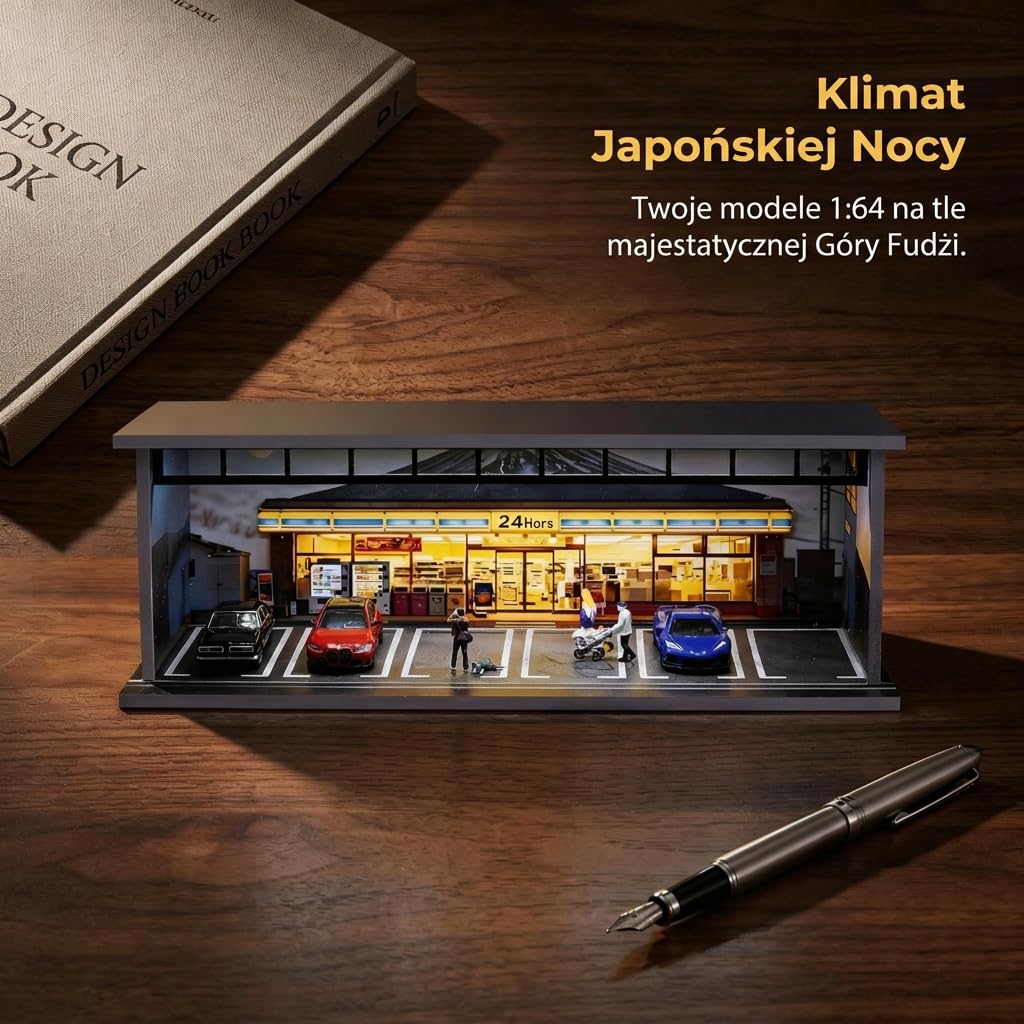 Gablota na modele samochodów 1:64, diorama garażowa z nadrukiem UV, osłona akrylowa, oświetlenie LED USB, 6 miejsc, kompatybilna z Hot Wheels i Matchbox - Japoński Sklep JDM