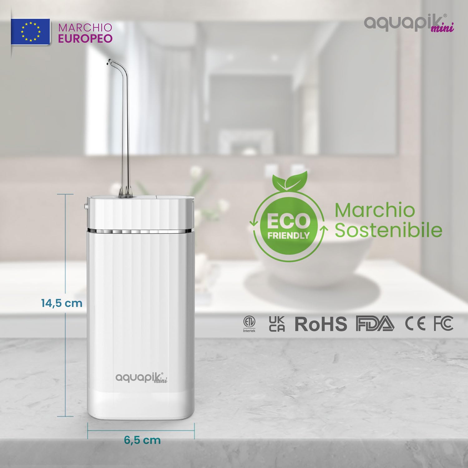Idropulsore dentale portatile AQmini - 3 modalità, 4 ugelli, serbatoio 200 ml, USB-C, IPX7, compatto per viaggio, ufficio, gengive sensibili