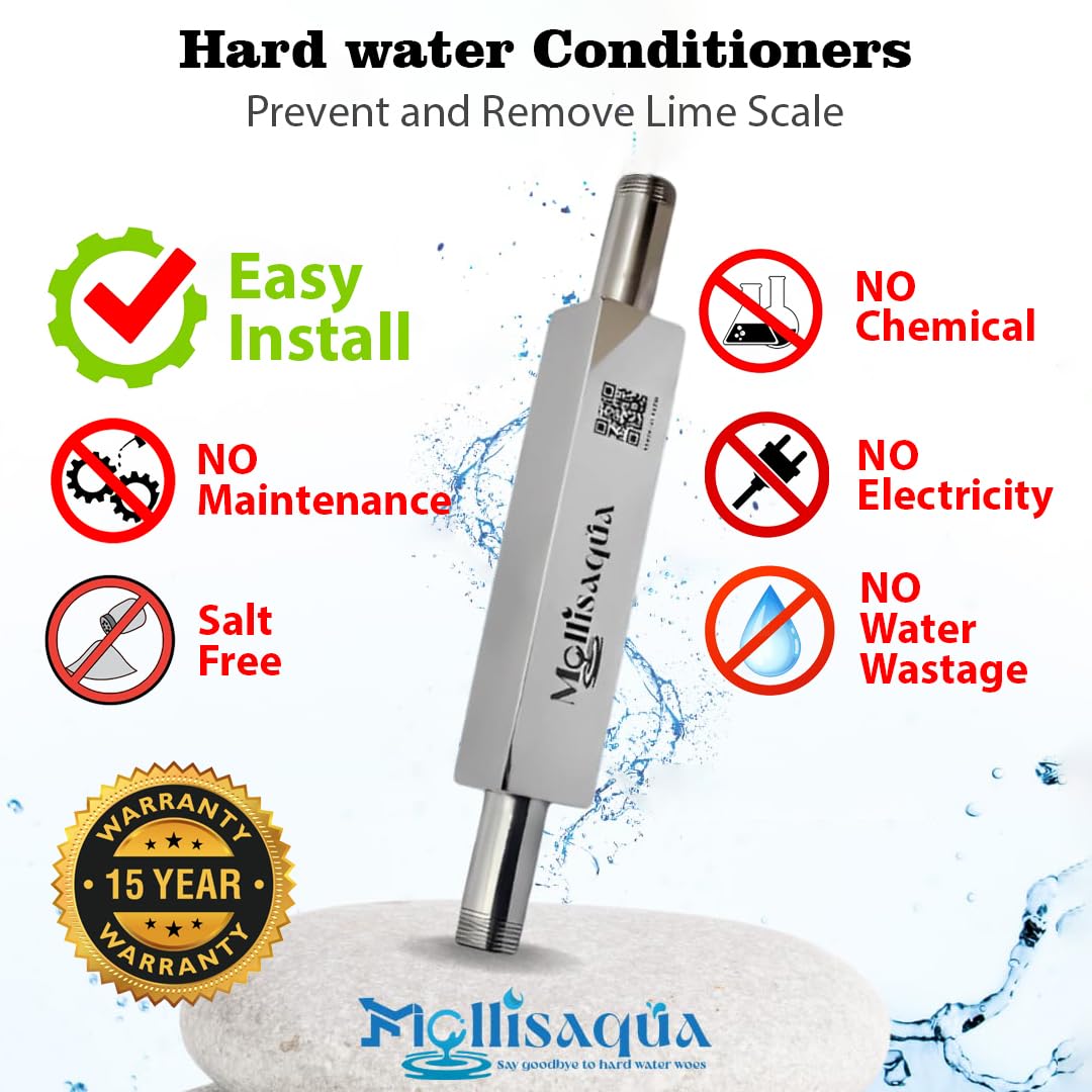 MOLLISAQUA Single Stage Water Softener & Conditioner | 1/2-Inch Hard Water Conditioner for Borewell & Overhead Tank | Whole House Salt-Free Water Softener | Zero Maintenance | Pack of 1