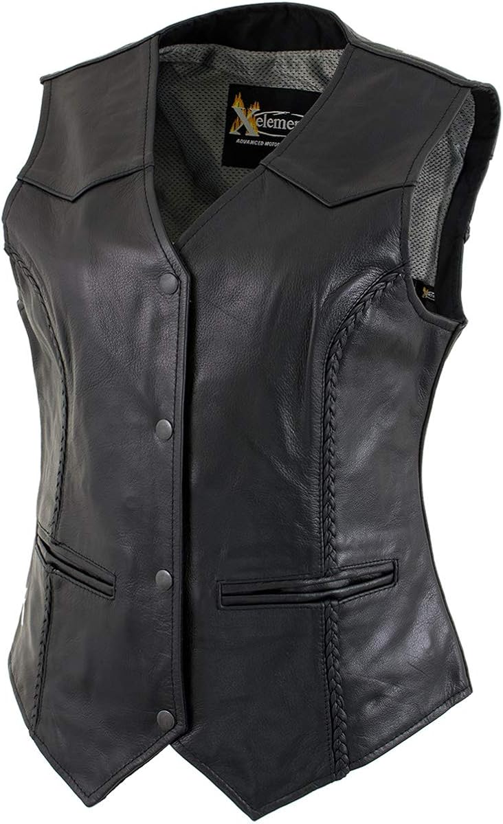 Xelement B206 'Road Queen' - Chaleco trenzado de cuero negro para mujer